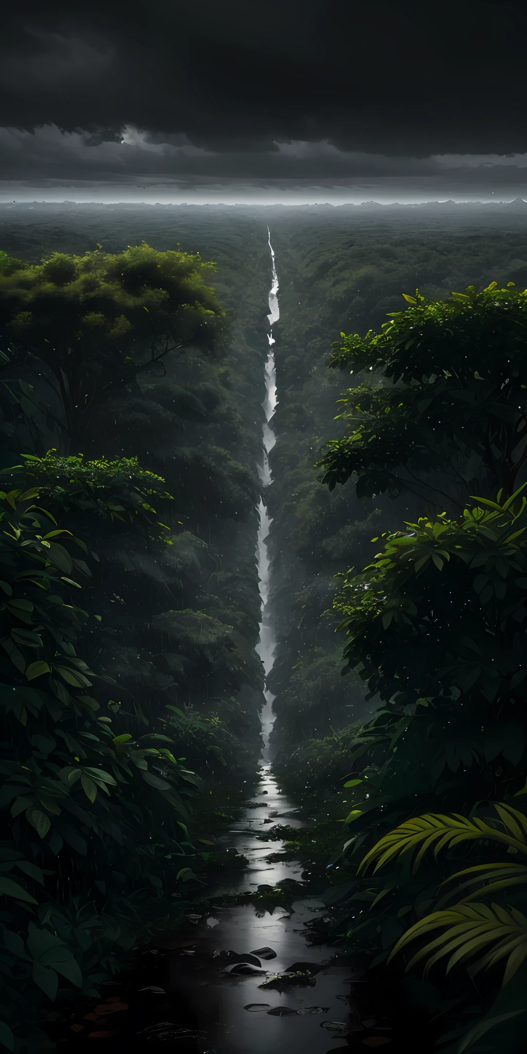 [A jungle, with intense rainfall, monochromatic, vines all around, giant and wet trees:4],city skyline, masterpiece, best quality, high quality, extremely detailed CG unity 8k wallpaper, oil paiting, award winning photography, Bokeh, Depth of Field, HDR, bloom, Chromatic Aberration ,Photorealistic,extremely detailed, trending on artstation, trending on CGsociety, Intricate, High Detail, dramatic, art by midjourney, volumetric lighting
