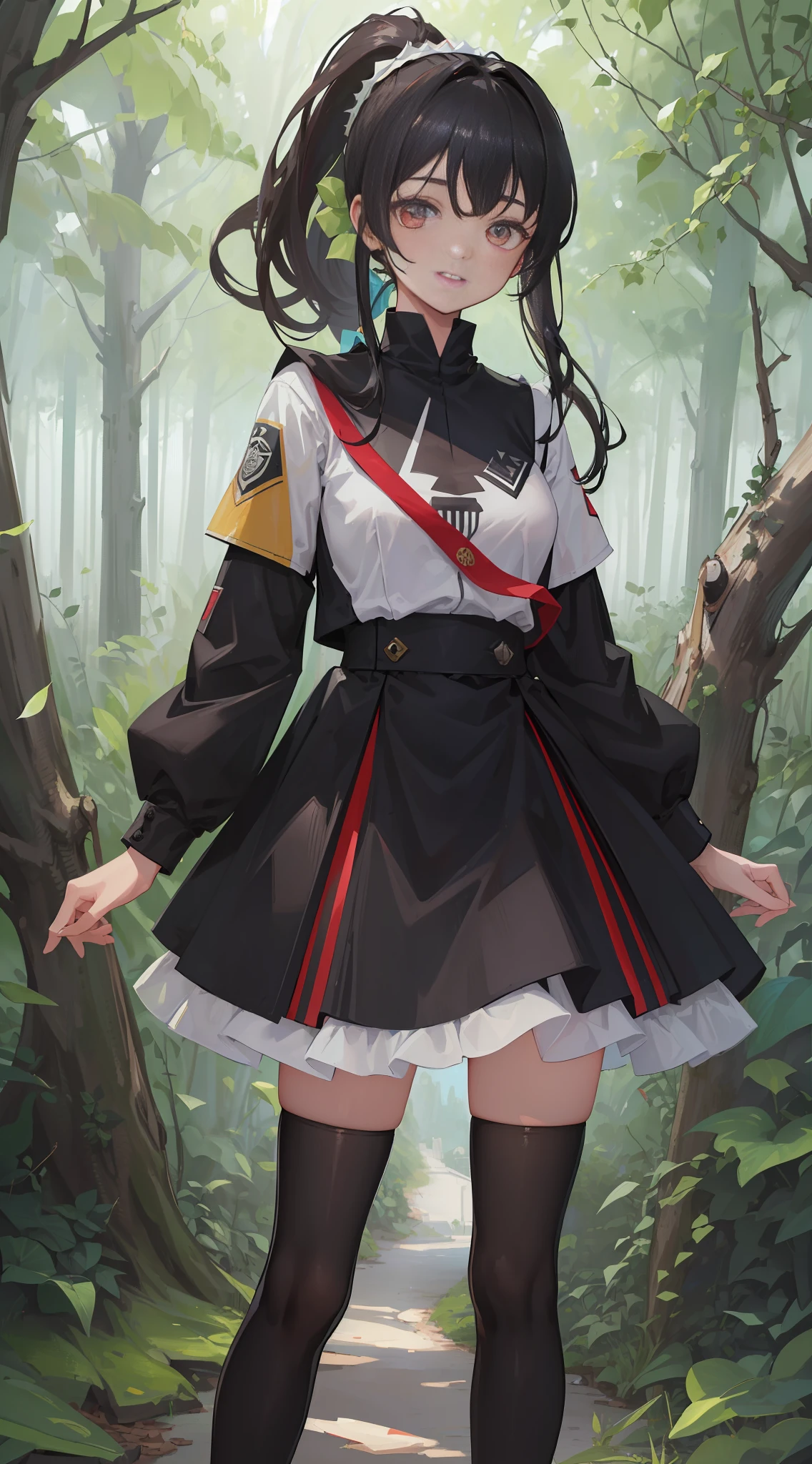 (Masterpiece, Top Quality, Ultra Detail CG, High Definition Full Body Uniform Image),(Front Pose + Ponytail),(1 Girl),(Black Hair),(Dark Forest),(Refreshing Smile),(Toothless),(Midnight),(Forest Circle)