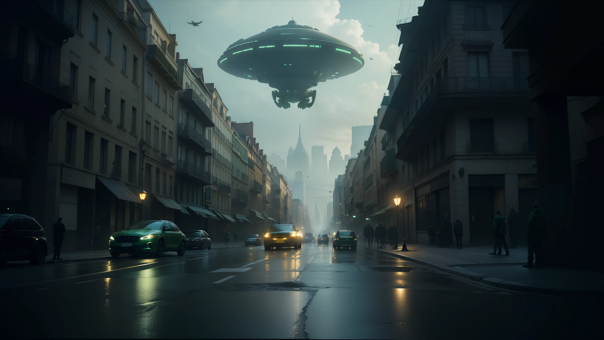 there is a large green object flying over a city street, by Antoni Pitxot, still frame from prometheus, fantasy surrealism, inspired by Jules Chéret, unsaturated and dark atmosphere, guardian project, urban patrol, superrealism --auto --s2