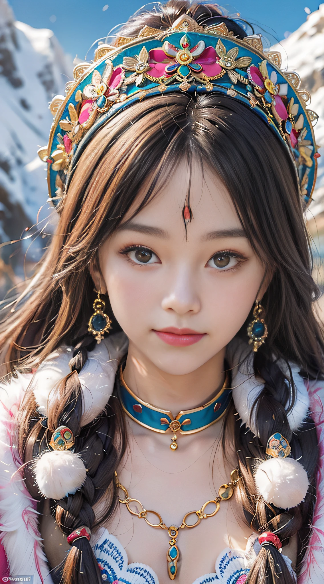 A girl, long braids, Tibetan girl, close-up, slightly raised head, smile, front photo, upper body, bust photo, Tibetan costume, colorful costume, collar with fluff, fluff collar, high-end Tibetan clothing, cumbersome Tibetan clothing design, cold clothing, winter clothing, appearance Yang transcendence, round face shape, gorgeous Tibetan clothing, cumbersome Tibetan necklace, cumbersome Tibetan headdress, colorful headband, live CG, sweet style, film style, HD 4K, photography effect, studio effect, white halo, mythological style, Snowfield background, character core, picture ratio 16:9, fresh mask.