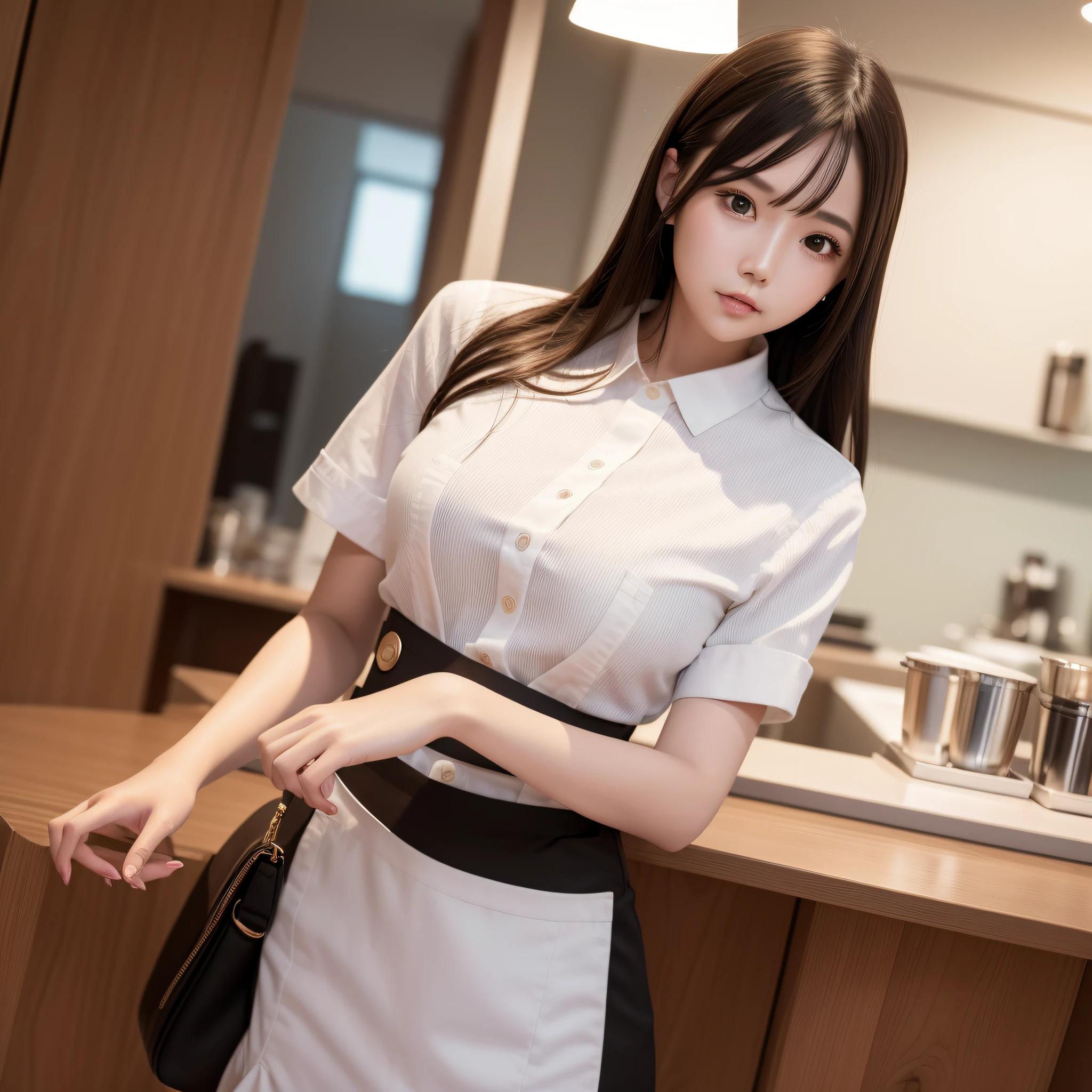 Best quality, masterpiece, realistic photo, 8k, 4k, extreme res, ultra high res, dynamic lighting, real lighting, ulzzang-6500-v1.1:1.2, waitress looking back,