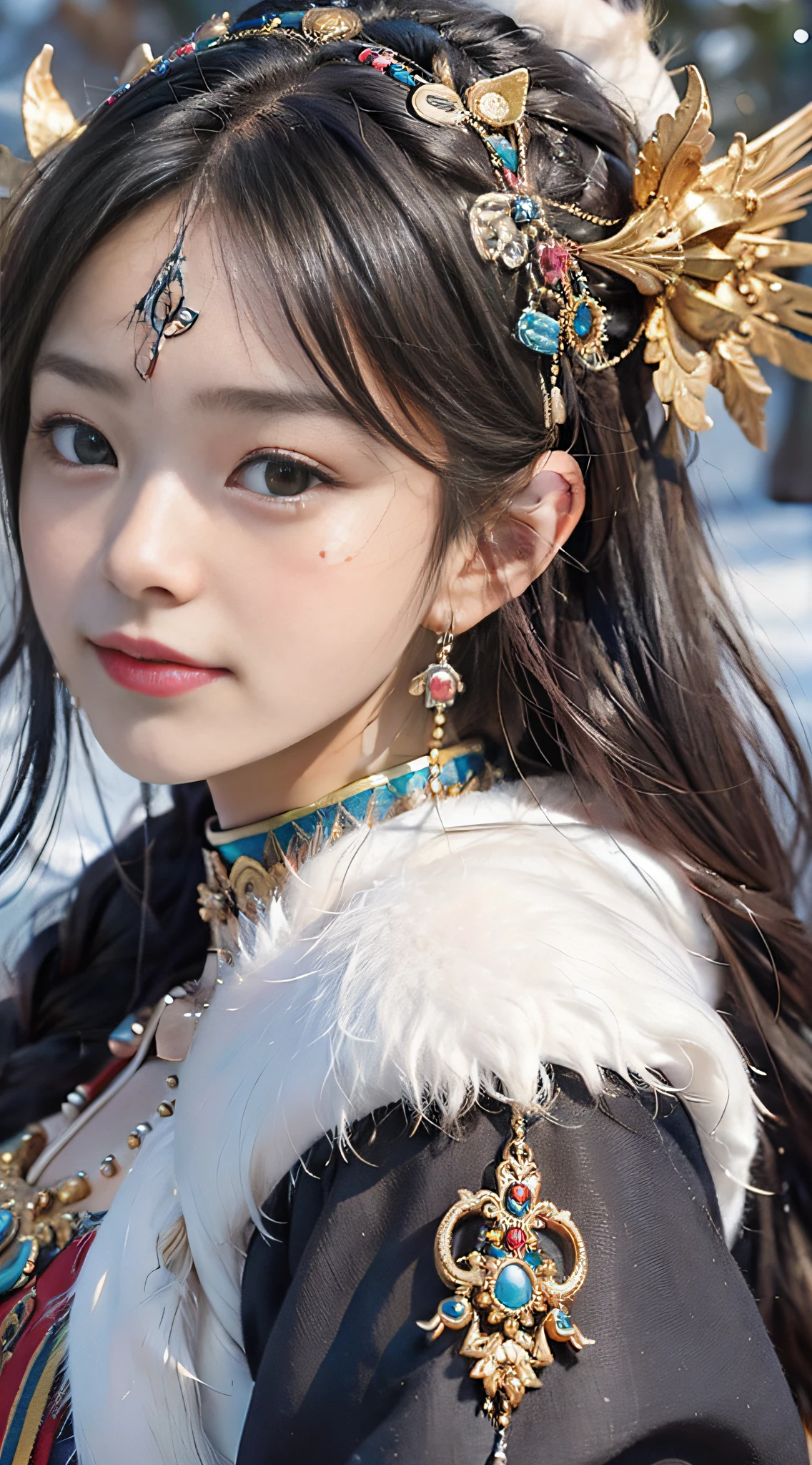 A girl, long braids, Tibetan girl, close-up, slightly raised head, smile, front photo, upper body, bust photo, Tibetan costume, colorful costume, collar with fluff, fluff collar, high-end Tibetan clothing, cumbersome Tibetan clothing design, cold clothing, winter clothing, appearance Yang transcendence, round face shape, gorgeous Tibetan clothing, cumbersome Tibetan necklace, cumbersome Tibetan headdress, colorful headband, live CG, sweet style, film style, HD 4K, photography effect, studio effect, white halo, mythological style, Snowfield background, character core, picture ratio 16:9, fresh mask.