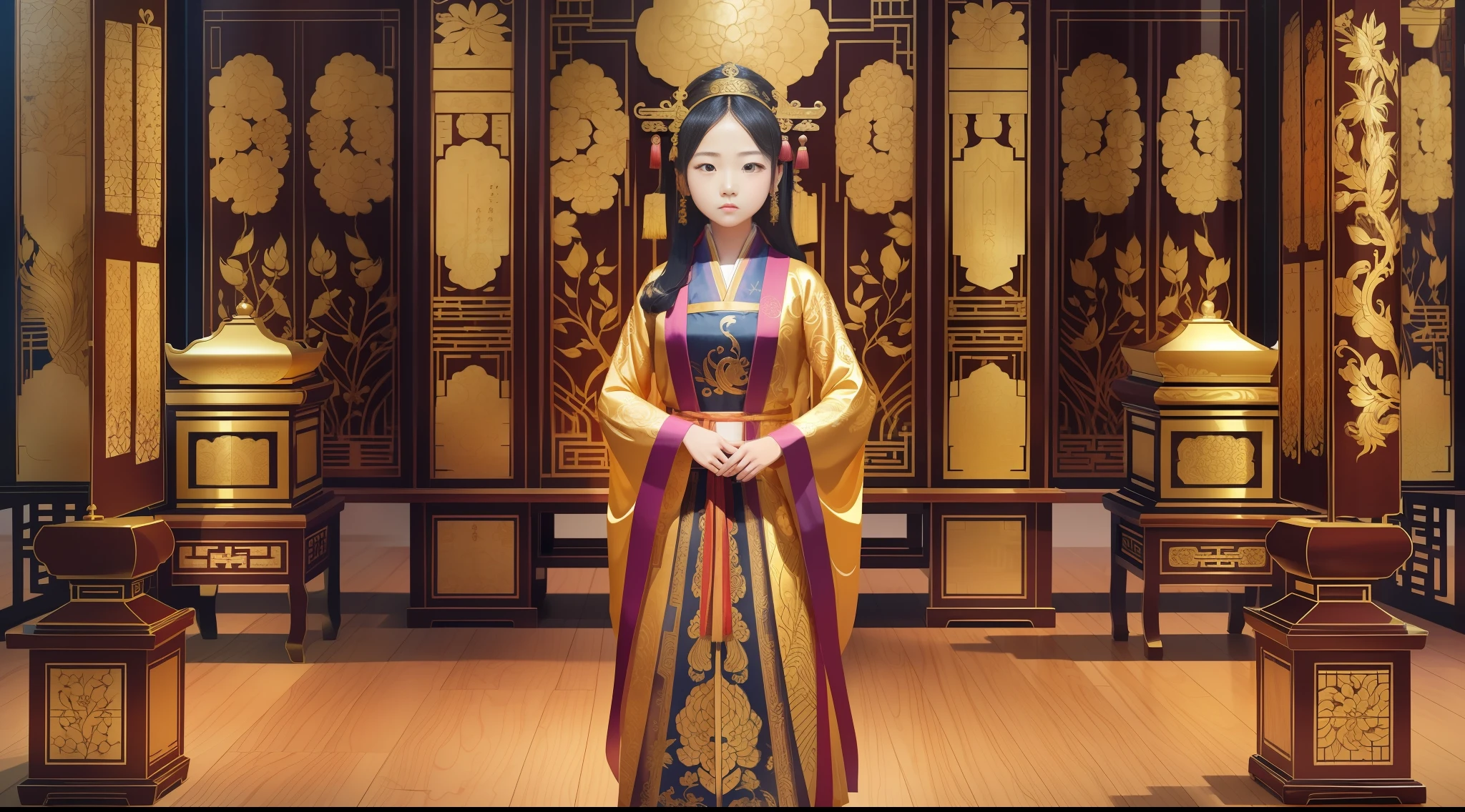 A girl, standing in front of two pairs of golden silk nan wood coffins, with ancient patterns, Chinese animation style, looks depressing, high quality, super detail, crazy details, 4K
