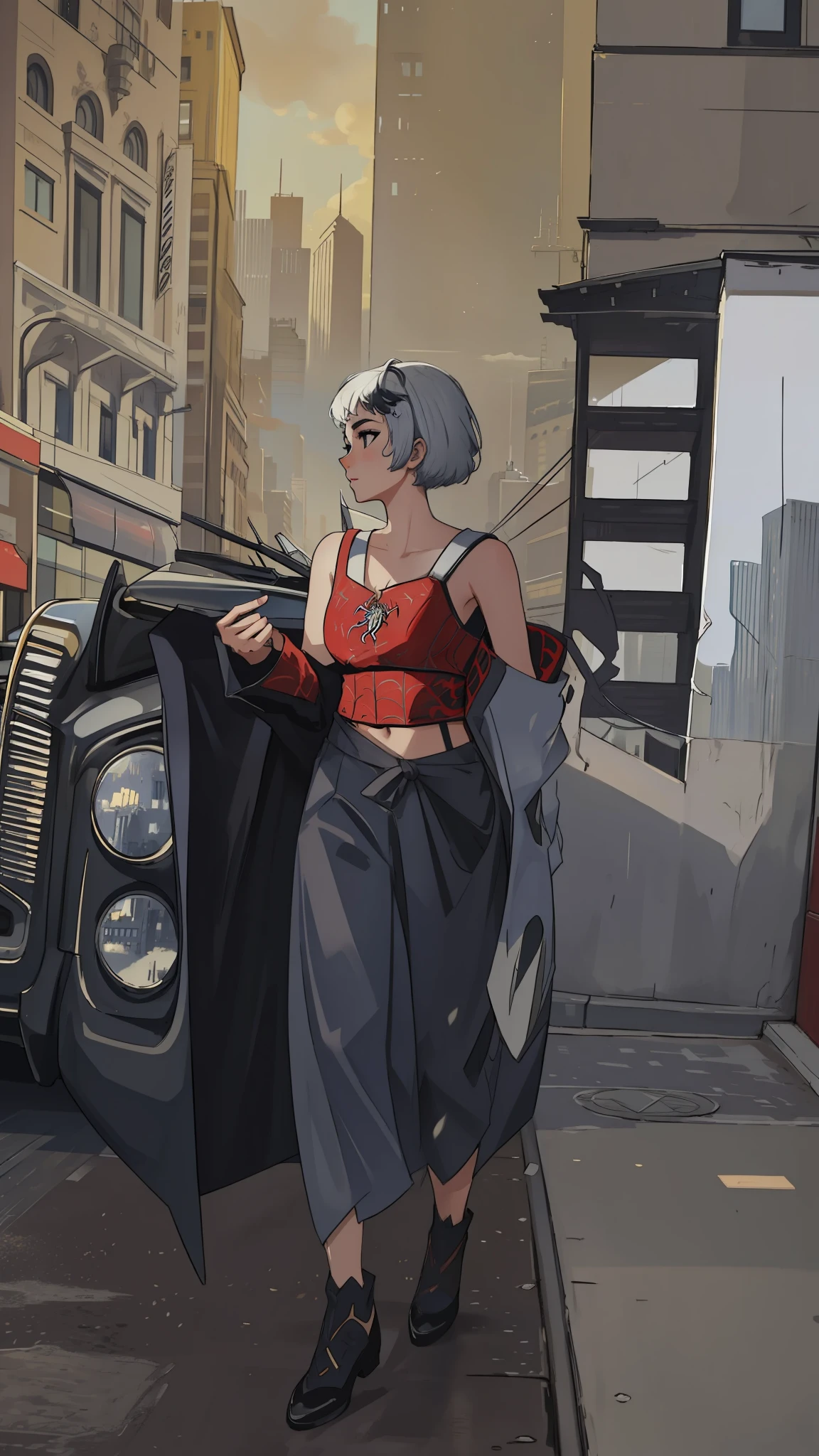 (masterpiece, best quality), intricate details, 8k, artstation, wallpaper, official art, screensaver, sharp focus,
1girl, short hair, styling back, black eyes, white hair, 
 spider costume, web print, web,  
skyscrapers, city, buildings, cars, street,