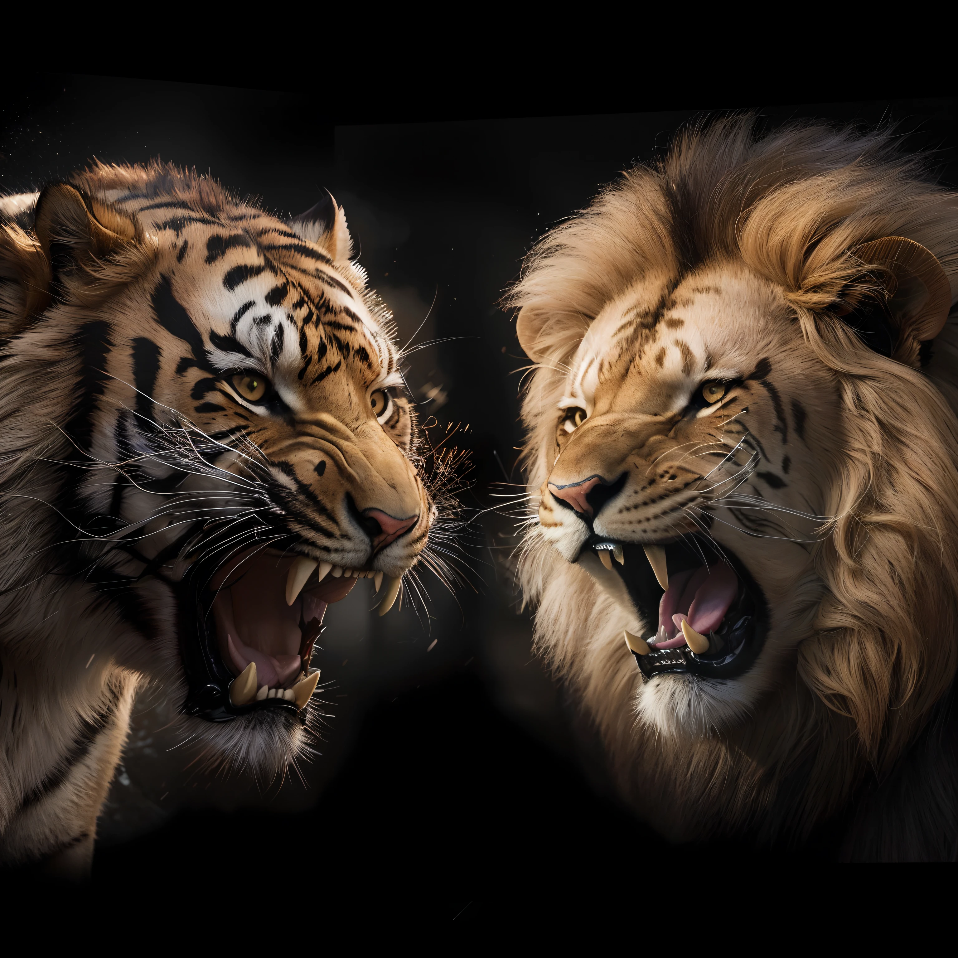One lion and one tiger (face to face) (roaring), face to face, Siberian tiger, African lion, confrontation, fierce eyes, extremely detailed eyes and face, light on the face, furry, super high quality, masterpiece, very delicate and beautiful , very detailed, cg, unity, 8k wallpaper, amazing, fine detail, masterpiece, best quality, official art, very detailed cg unity 8k wallpaper, very detailed, high resolution, very detailed, (best quality ), (realistic, photorealistic: 1.2), 8k, high quality, official art, extremely detailed CG unity 8k wallpapers, movie lights.