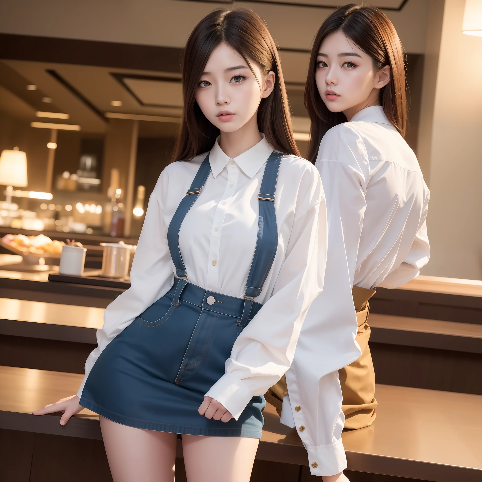 Best quality, masterpiece, realistic photo, 8k, 4k, extreme res, ultra high res, dynamic lighting, real lighting, ulzzang-6500-v1.1:1.2, waitress looking back,