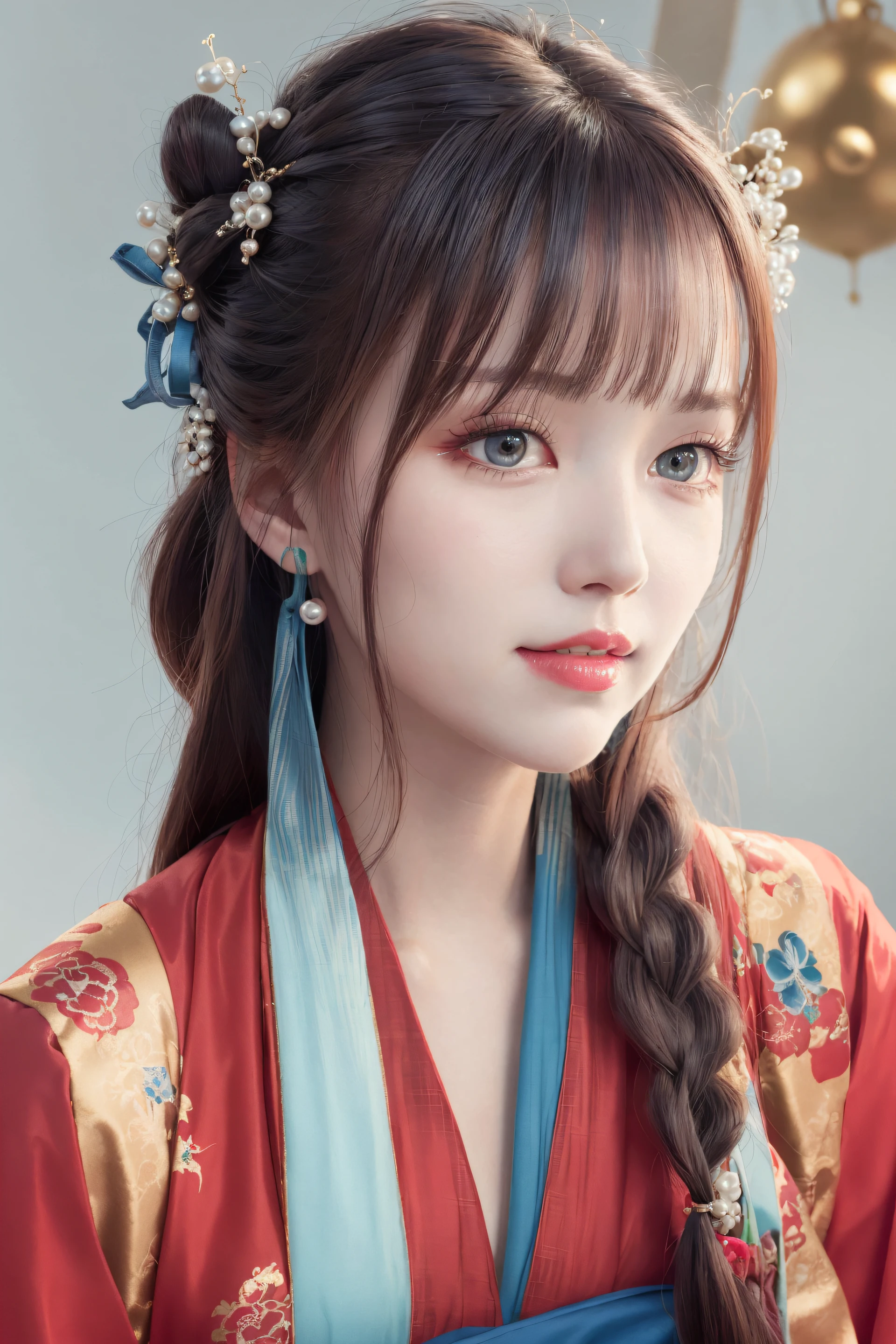 ((wide shot)),(full body),

1girl, [(blue ru_qun:1.4):(hanfu:1.4):0.2],(big breasts under wearing),(kpop idol:0.2),pearl skin,real human skin, black choker, red hair ornament,white detailed clothes, (blue obi:1.4),

(extremly berutiful detailed face), happy mood, detailed eyes, thick eyebrows, red eyeshadow,shiny eyes, looking at viewer,smile,(smooth chin:0.85), long hair, blunt bangs, braid, golden hair ornament,