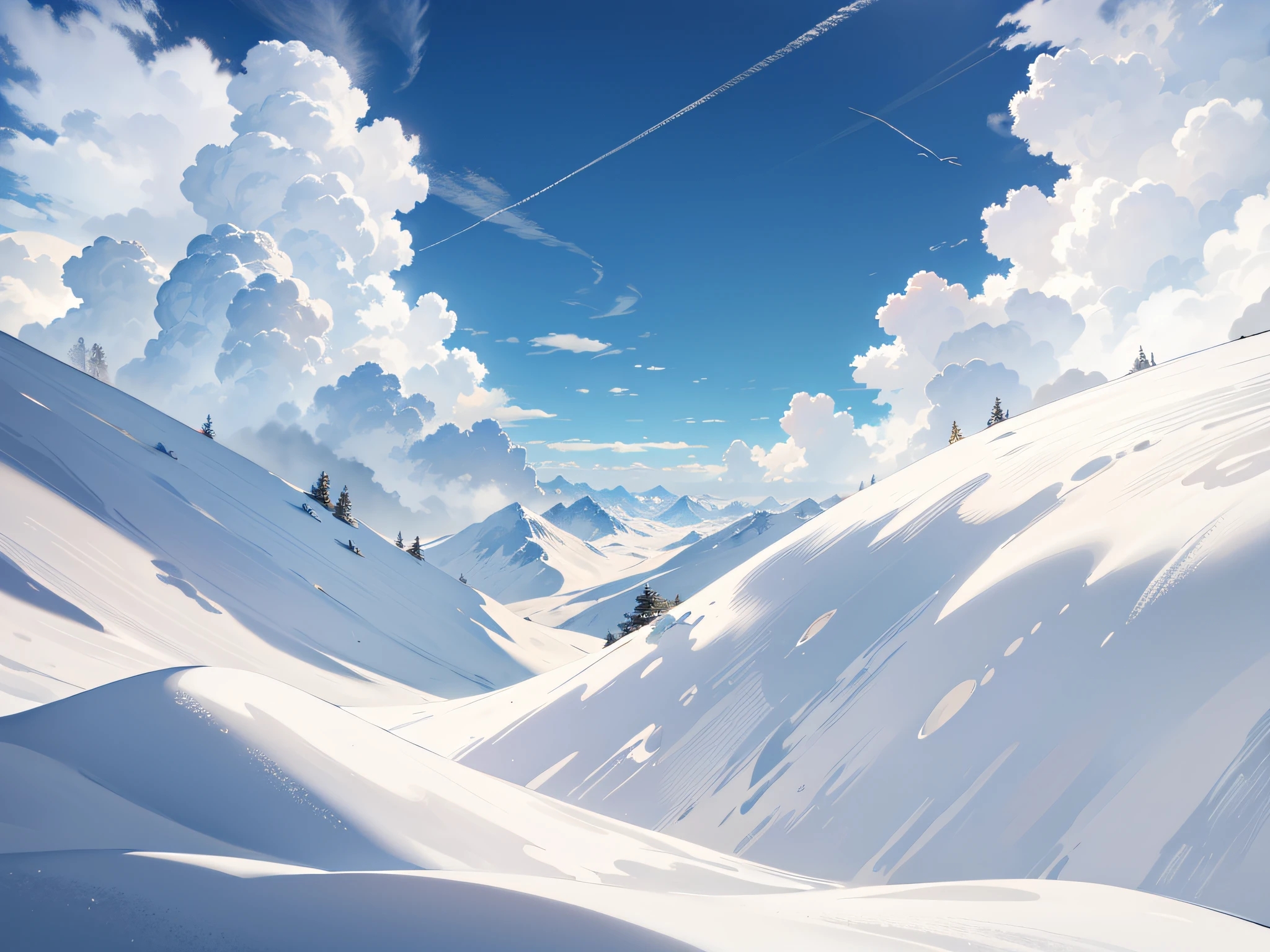 Exquisite view, sky, white clouds, warm sun, fantasy, snow, breathtaking, 8K, snow, winter, view