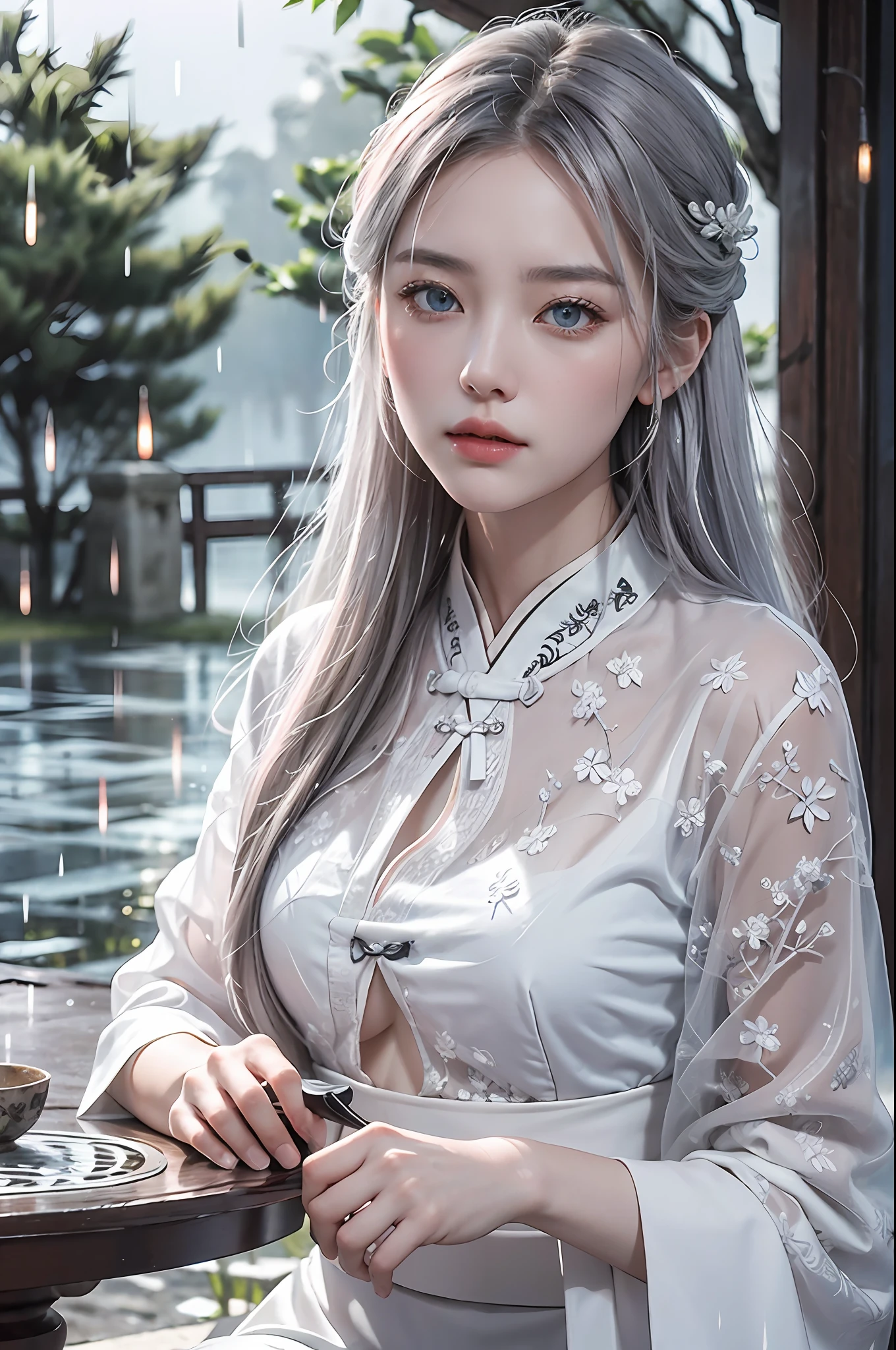 Masterpiece, Best, Night, Outdoor, Rainy Day, Branches, Chinese Style, Ancient China, 1 Woman, Mature Woman, Silver-White Long-Haired Woman, Gray-Blue Eyes, Pale Pink Lips, Cold, Serious, Effeminate, Bangs, Assassin, Short Knife, White, Black Pattern, Rain, Fine Face, Fine Face, 3D. HDR, tulle, abs