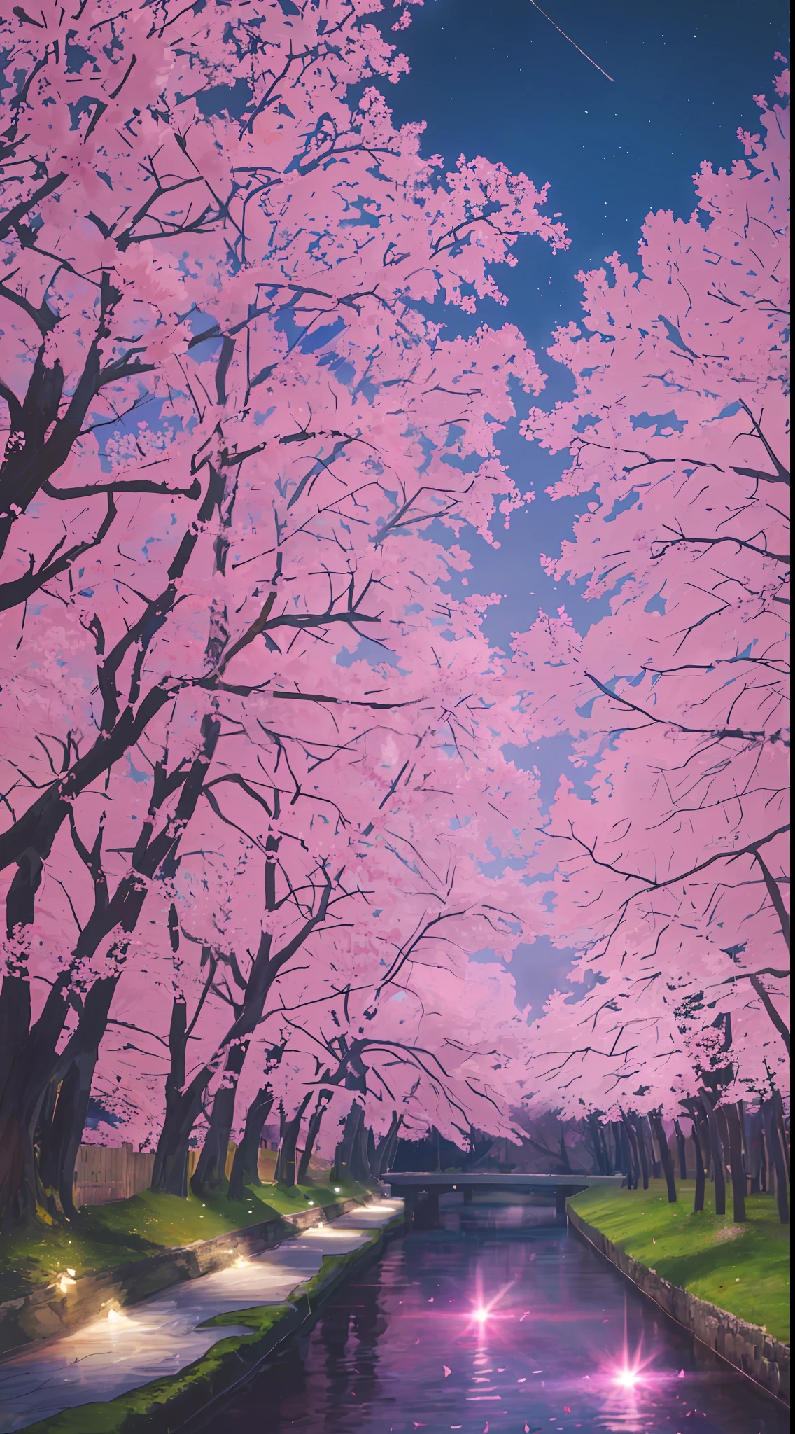 The best quality, masterpiece), (night sky, river behind, huge old trees behind, pink petals falling behind,)