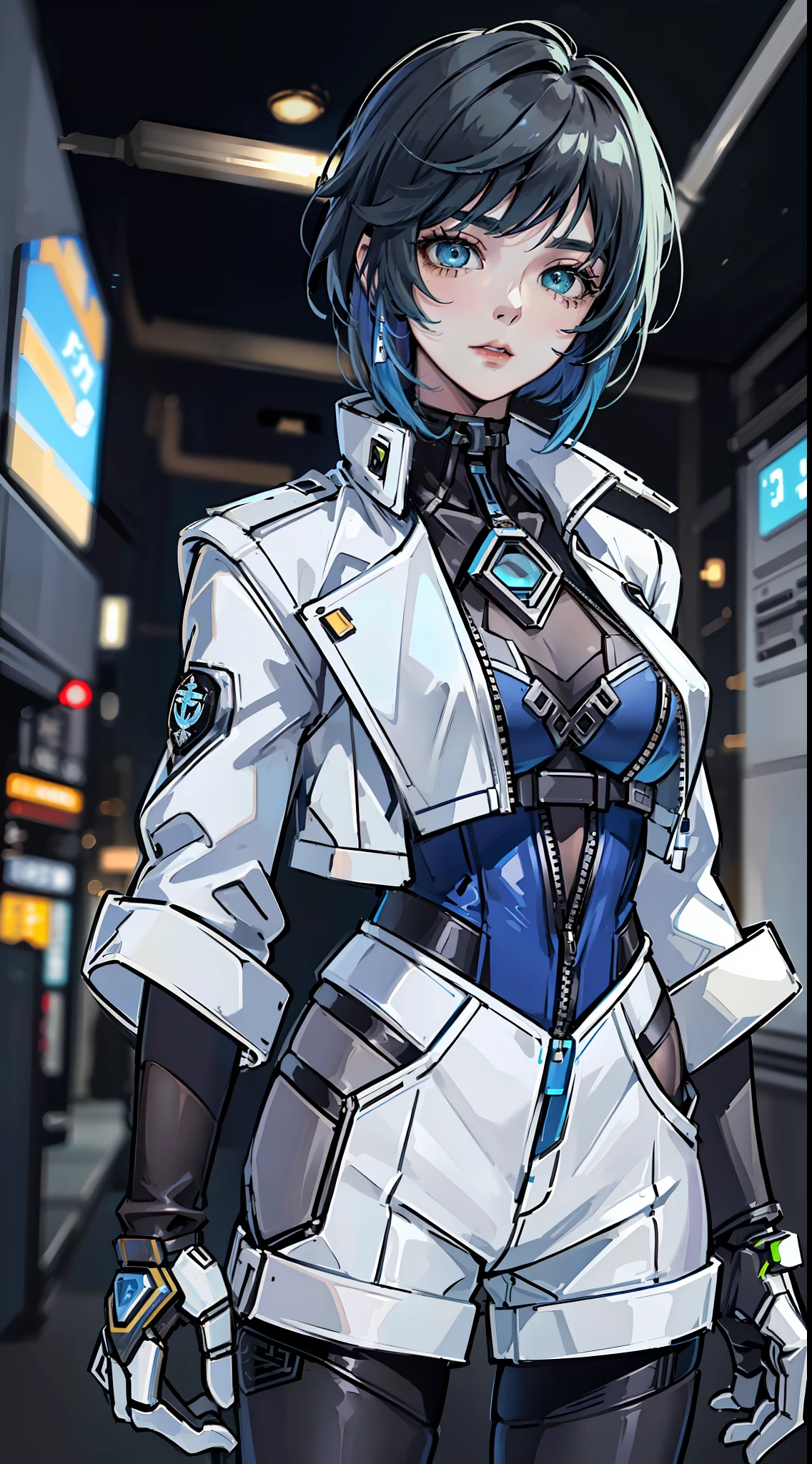 Cyberpunk, Future, Science Fiction, ((Genshin), (Yelan)), short blue shoulder-length hair, green eyes, confident expression, {costume description: (white leather jacket), (blue vest), (black shorts), (mecha legs), (white gloves)}, holding a metal pipe