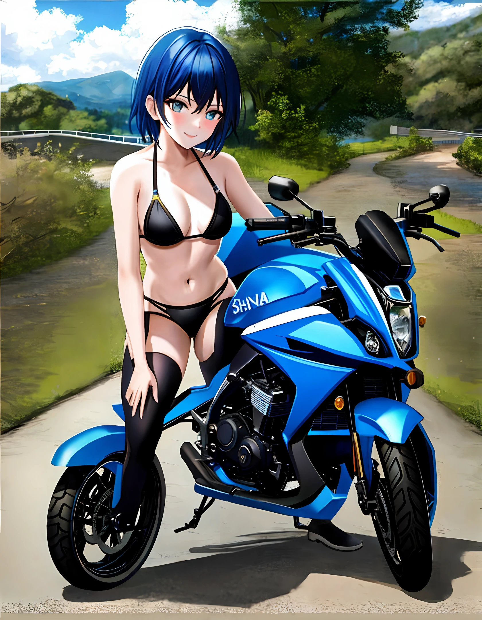A bikini girl, beautyful, sexy, short hair, chinese, blue eye, big breasts, smile, motobike, old small villarge,