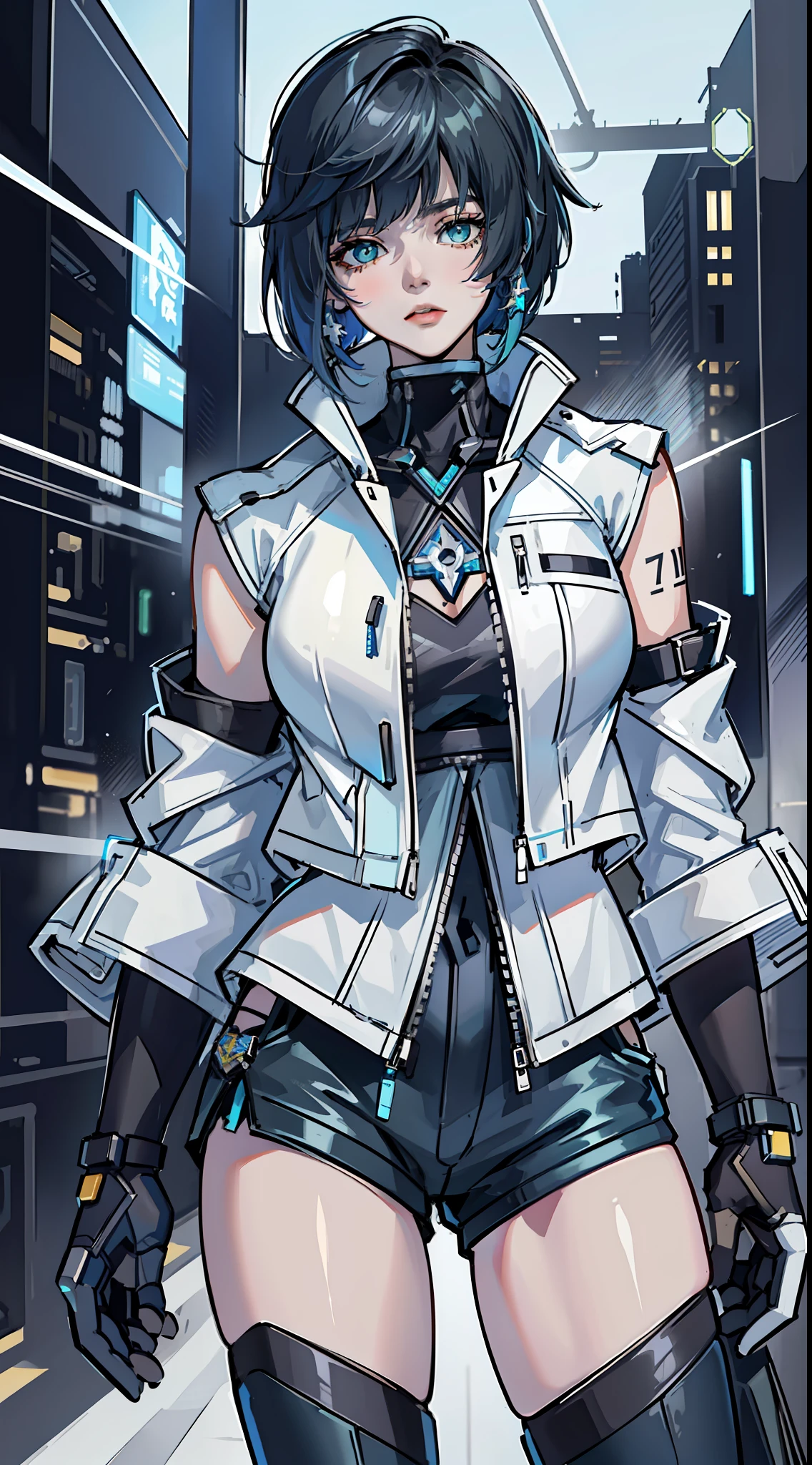 Cyberpunk, Future, Science Fiction, ((Genshin), (Yelan)), short blue shoulder-length hair, green eyes, confident expression, {costume description: (white leather jacket), (blue vest), (black shorts), (mecha legs), (white gloves)}, holding a metal pipe