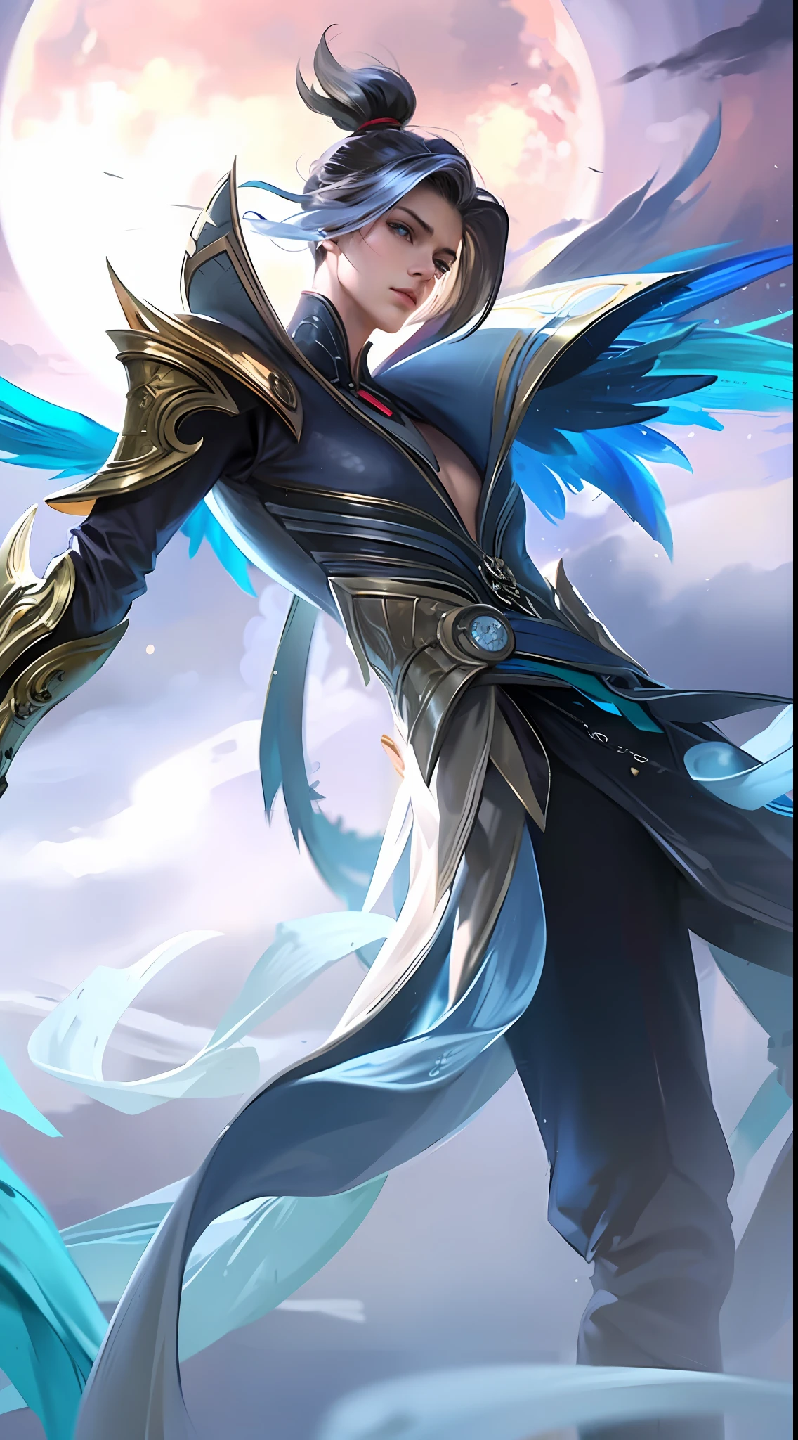 (masterpiece), (best quality), realistic, cinematic light, 16yo boy, (1 boy), solo, serene plume, cool pose, battlefield background, perfect body, blue eyes, black hair