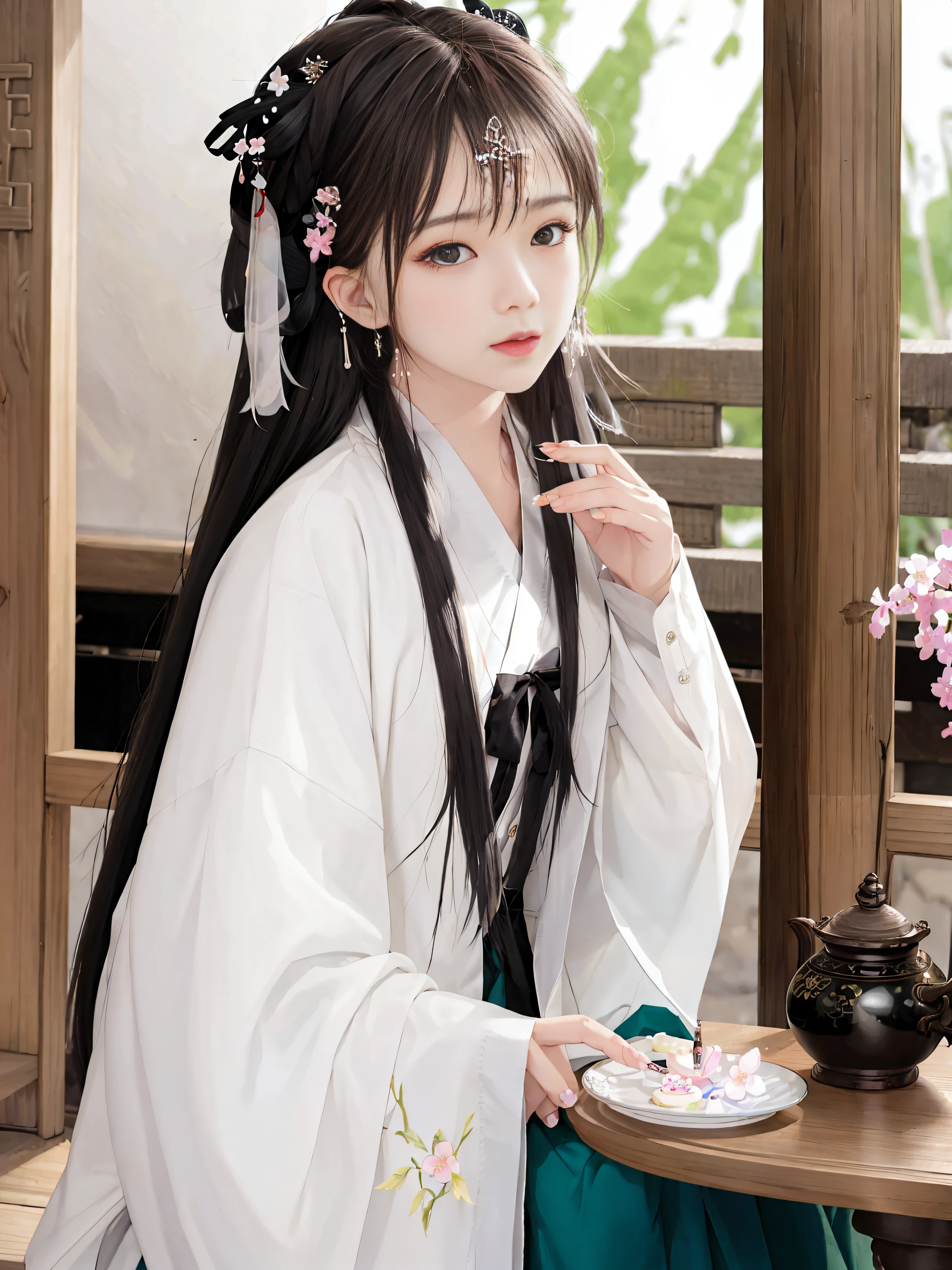 (masterpiece), best quality, highest quality, extremely detailed CG unity 8k wallpaper, detailed and intricate, highres, realistic, depth of field, extremely detailed CG, looking at viewer,solo,
\
(),extremely detailed_eyes, fingernails,
(eyeliner:0.5),(blush:0.5),long hair, hair ribbon, jewelry hairpin, Hanfu, Song, Song Dynasty,
\
riverside, bridg, hanami,
(ambient light:0.8),(HDR:1),