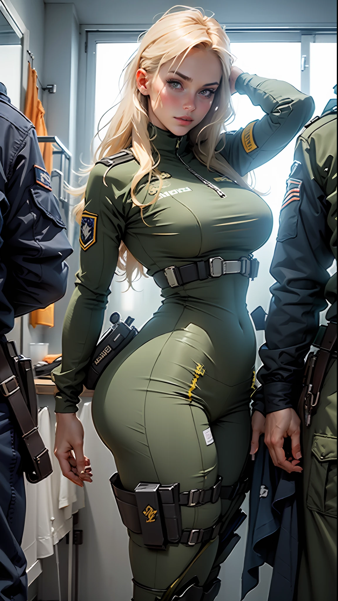 Beautiful woman with detailed defined body, role-play using Swedish diving commando troops, wearing Swedish coastal ranger unit costume, big breasts, thin waist, plump buttocks