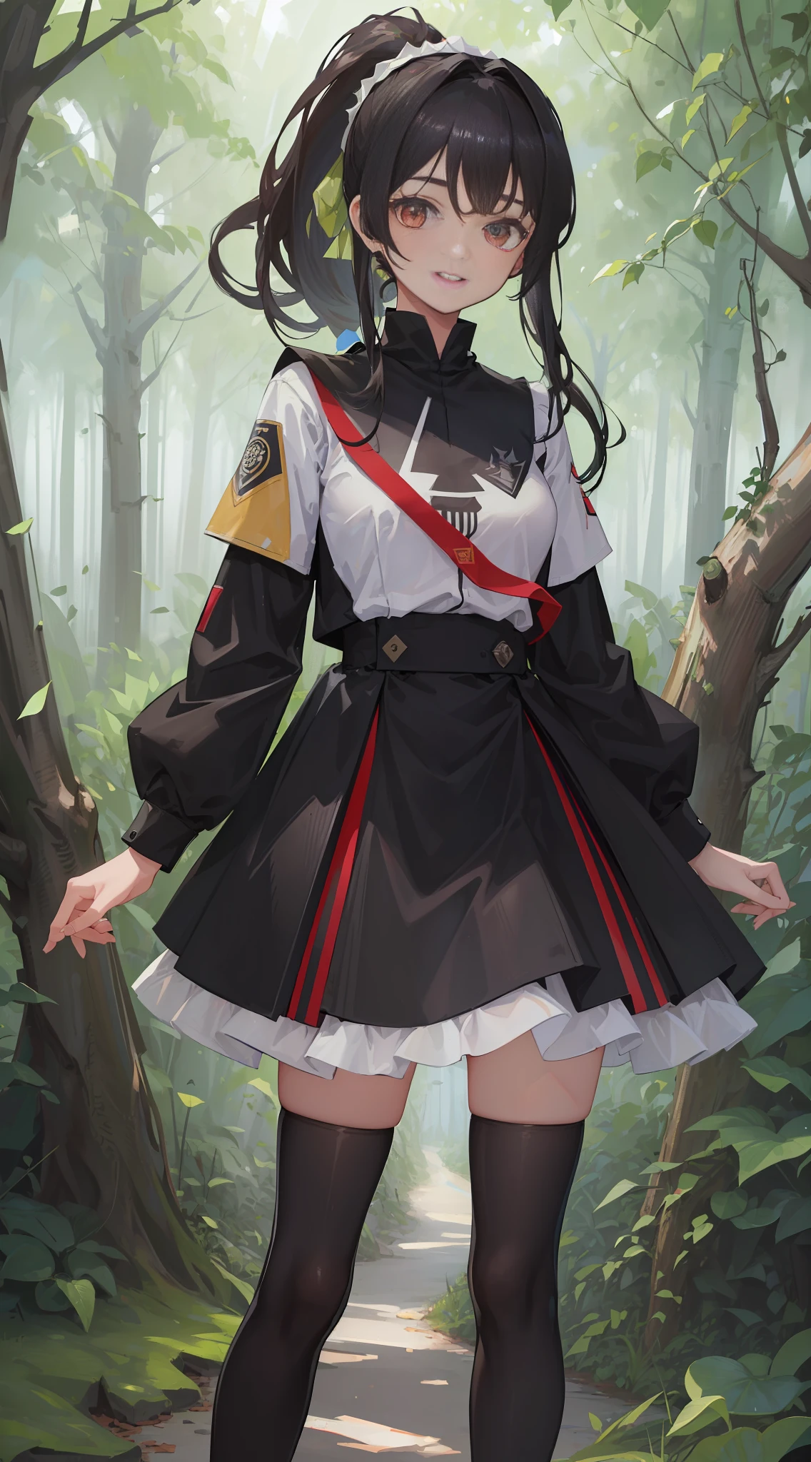 (Masterpiece, Top Quality, Ultra Detail CG, High Definition Full Body Uniform Image),(Front Pose + Ponytail),(1 Girl),(Black Hair),(Dark Forest),(Refreshing Smile),(Toothless),(Midnight),(Forest Circle)