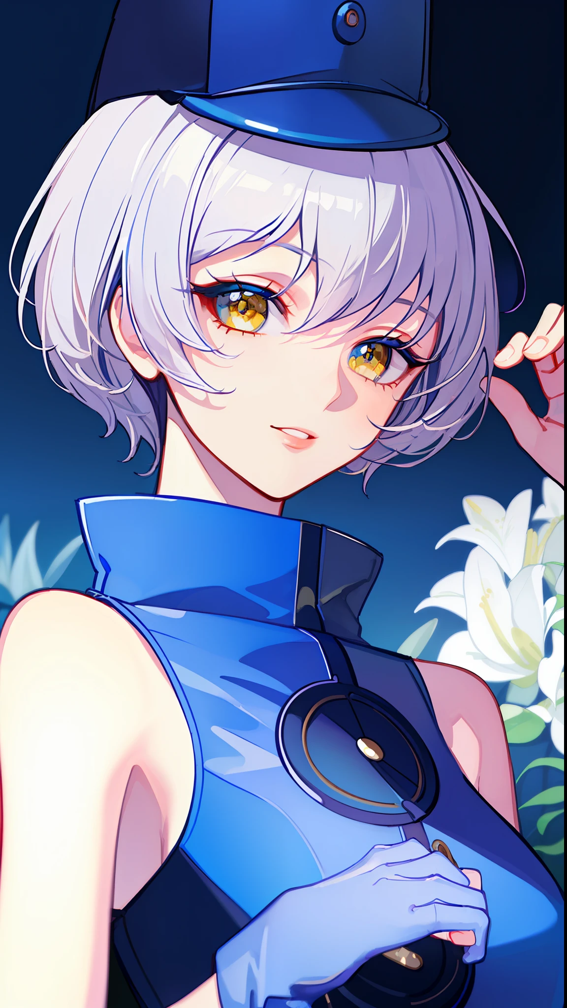 (((Masterpiece)))), (((Best Quality)))), ((Very Detailed))), Detailed Fingers, Precise Fingers, Non-Unnatural Hands, Golden Eyes, Silver Hair Shortcut, Blue Elevator Girl Hat, Sleeveless Blue Elevator Girl Costume, Blue Gloves, Elizabeth, Royal Elegant Pose