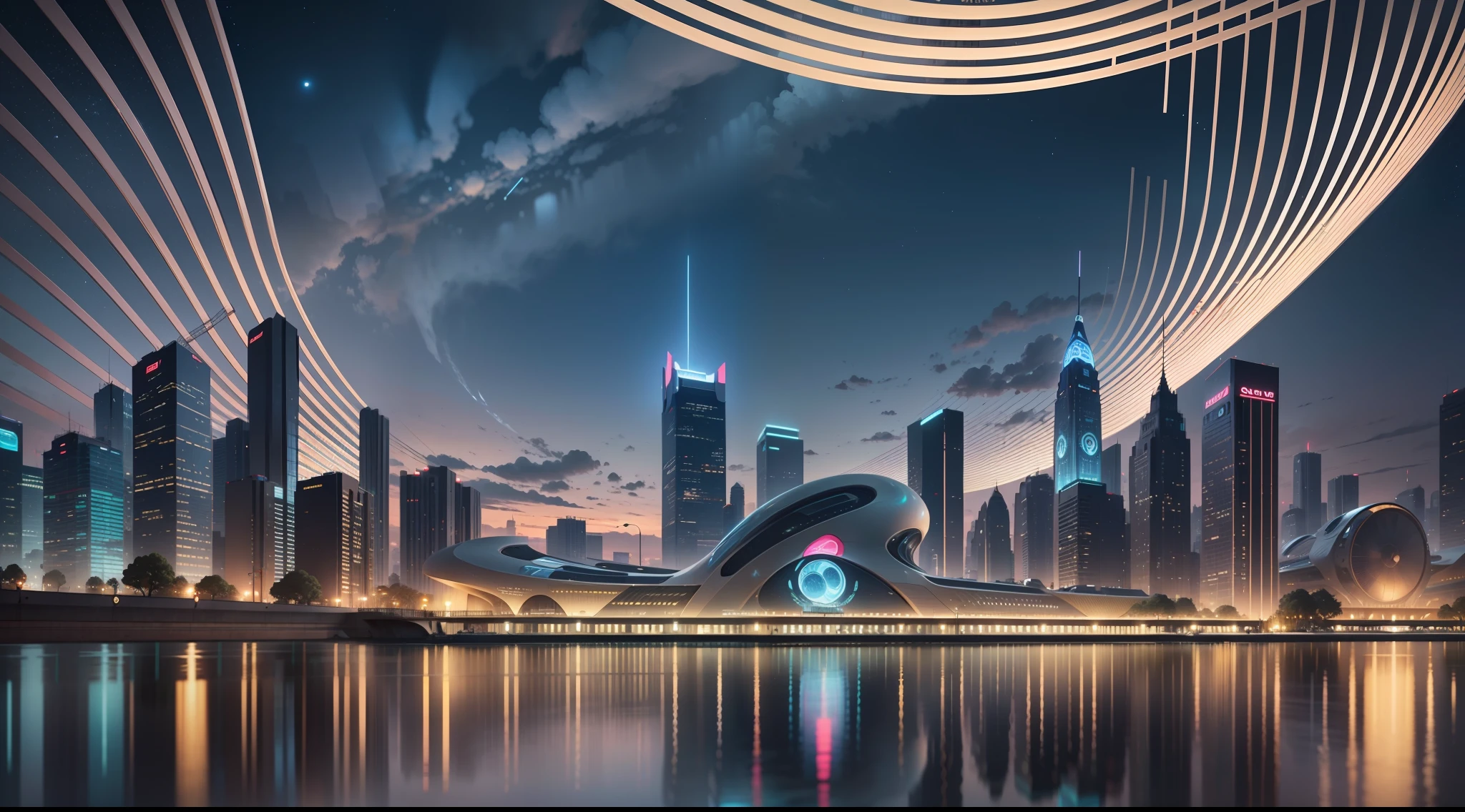 City view with lake and square, lake occupies a relatively small area. Calm water, perfect reflection reflection, landmark architecture, close-up, huge architecture, illustration by Cha Shibiao, shutterstock, Art Nouveau, Guangzhou. Broad construction, ultra-wide view of the cityscape, night view, starry sky, bright tones, clear night. Beautiful city of the future, beautiful cityscape, science and technology city background, hou porcelain, there is a city in the background. Inspired by Makoto Shinkai's popular concept art and masterpieces on pixiv, vision (wide-angle lens), ultra-high resolution (authenticity: 1.4), ultra-high quality, extremely detailed CG Unity 8k wallpapers, aesthetics, award-winning photography, realism, high detail, intricacies, travel art --auto --s2