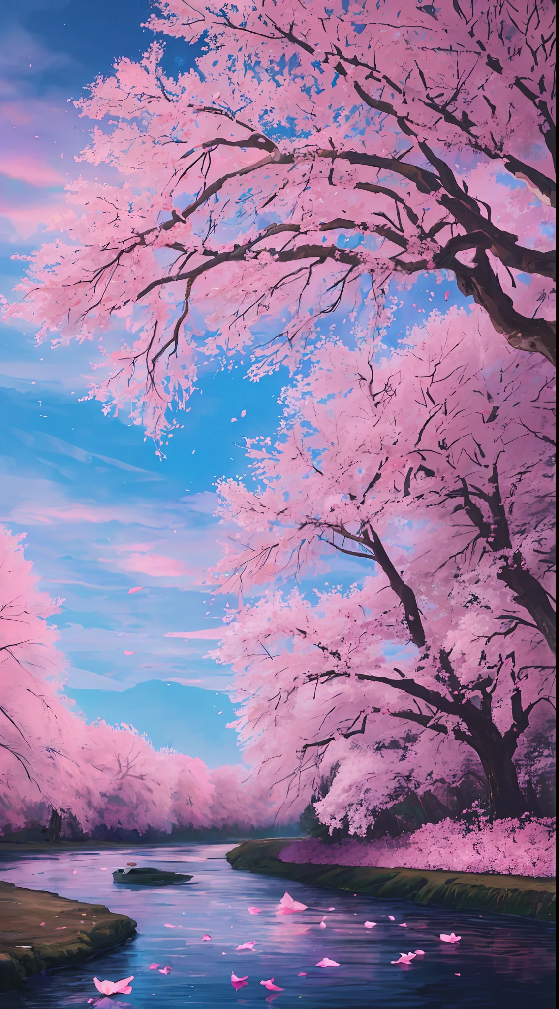 The best quality, masterpiece), (night sky, river behind, huge old trees behind, pink petals falling behind,)