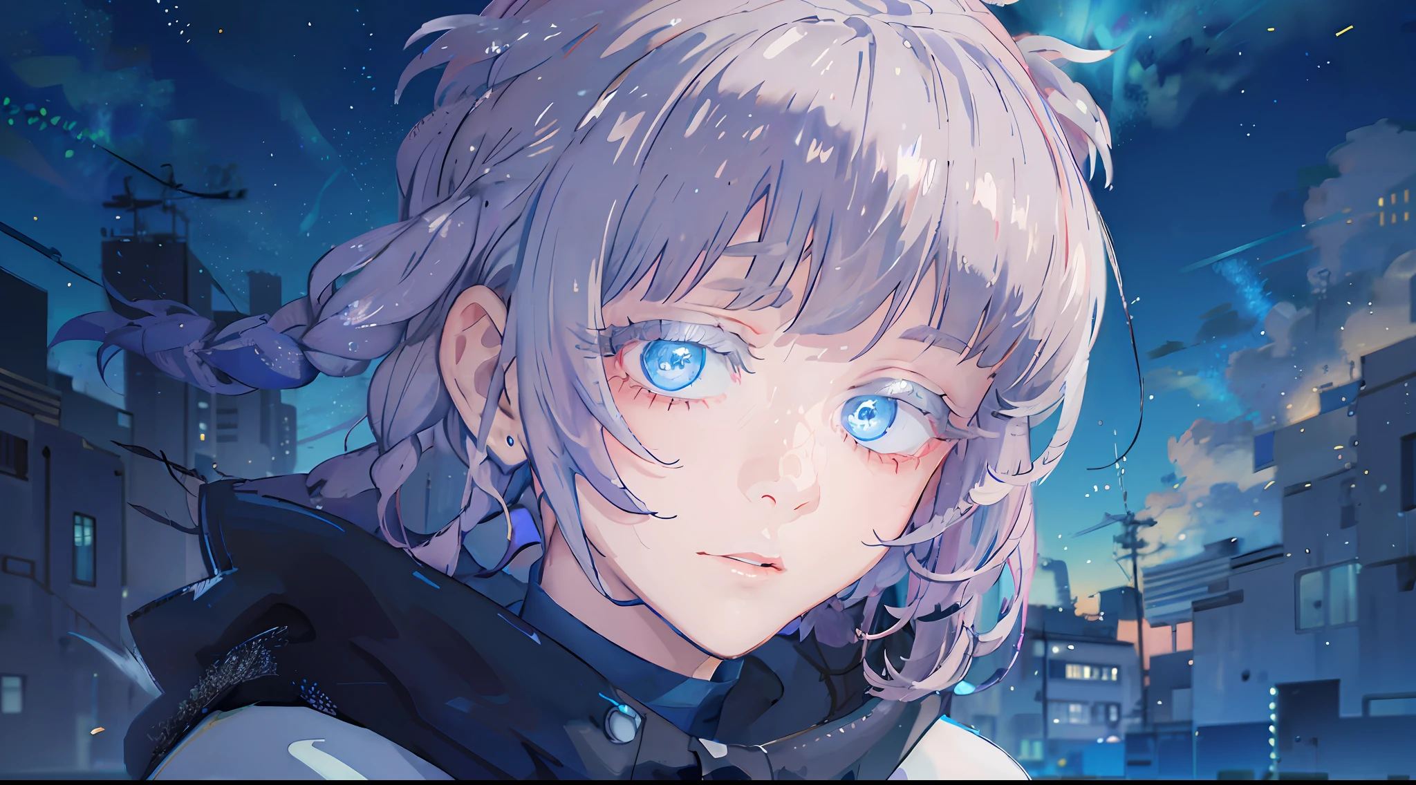 (masterpiece), (best quality), (ultra detailed), nazuna, look forward, looking at the viewer, braids in the air, blue eyes, upper body, fluid colors, overcast sky, night