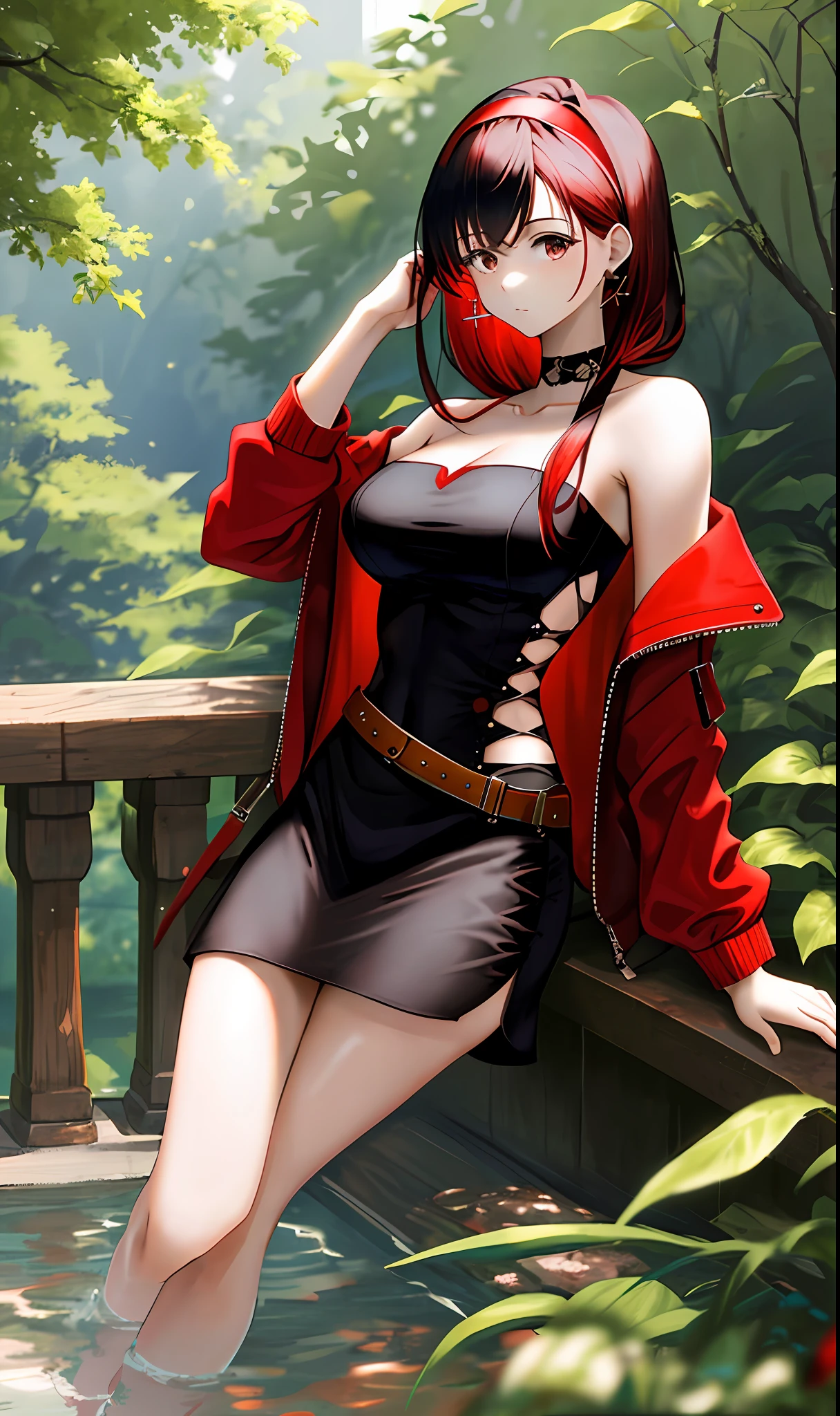 ((masterpiece, best quality)), (1girl),((mature female)), red hair, hairband, bangs, long hair, two piece strapless suit two piece, __location_, black hairband, shoulder cutout, black thitying hair,curvy,cleavage,confident,nature,