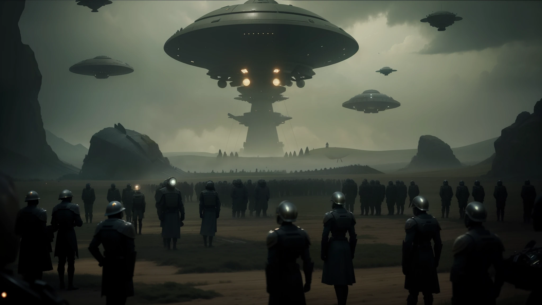 arafed image of a group of people standing in a field with a large flying object, still frame from prometheus, military parade, pierre pellegrini and ash thorp, in style of dieselpunk, otherworldly visuals, spherical black helmets, battalion, parade, compositing --auto --s2
