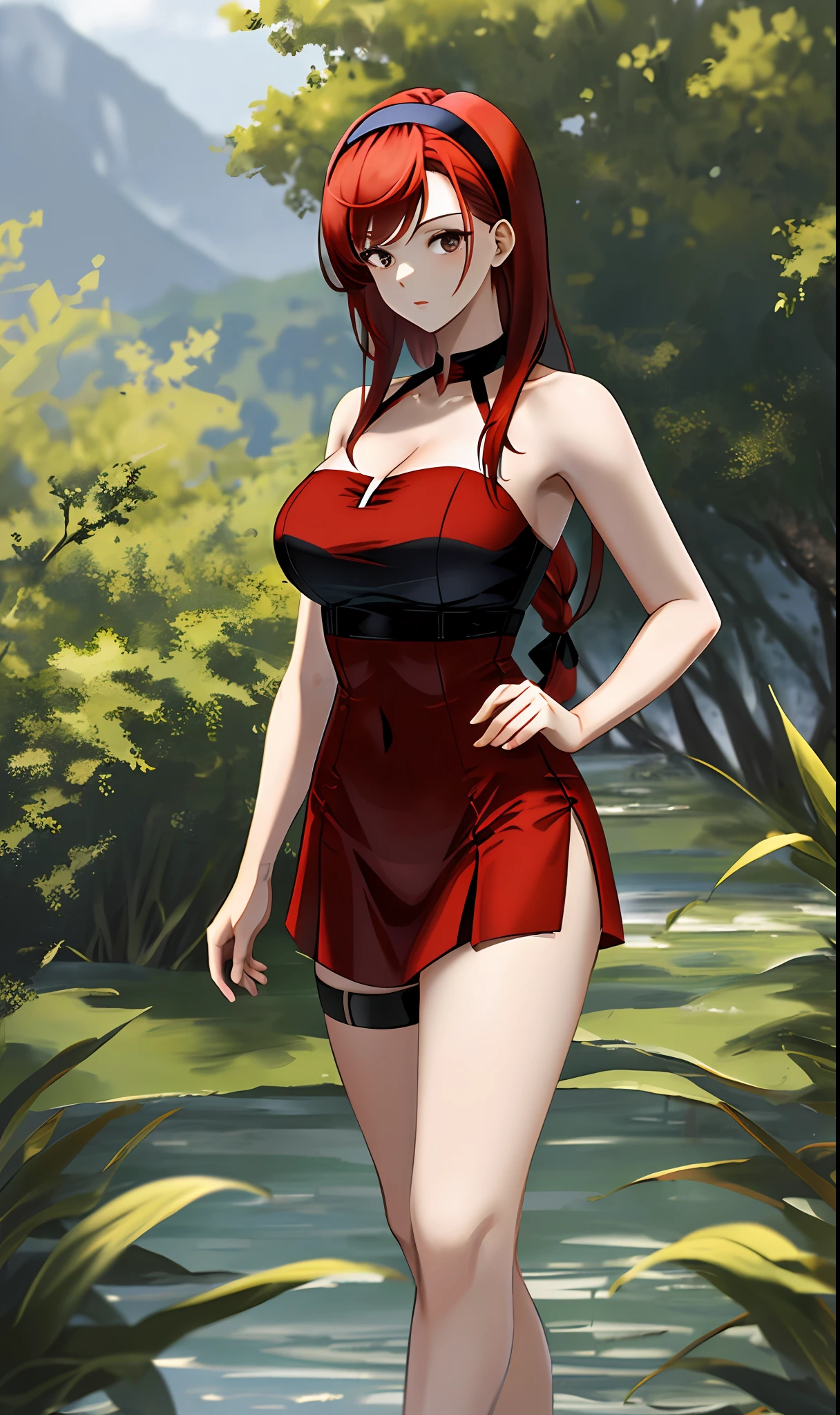 ((masterpiece, best quality)), (1girl),((mature female)), red hair, hairband, bangs, long hair, two piece strapless suit two piece, __location_, black hairband, shoulder cutout, black thitying hair,curvy,cleavage,confident,nature,