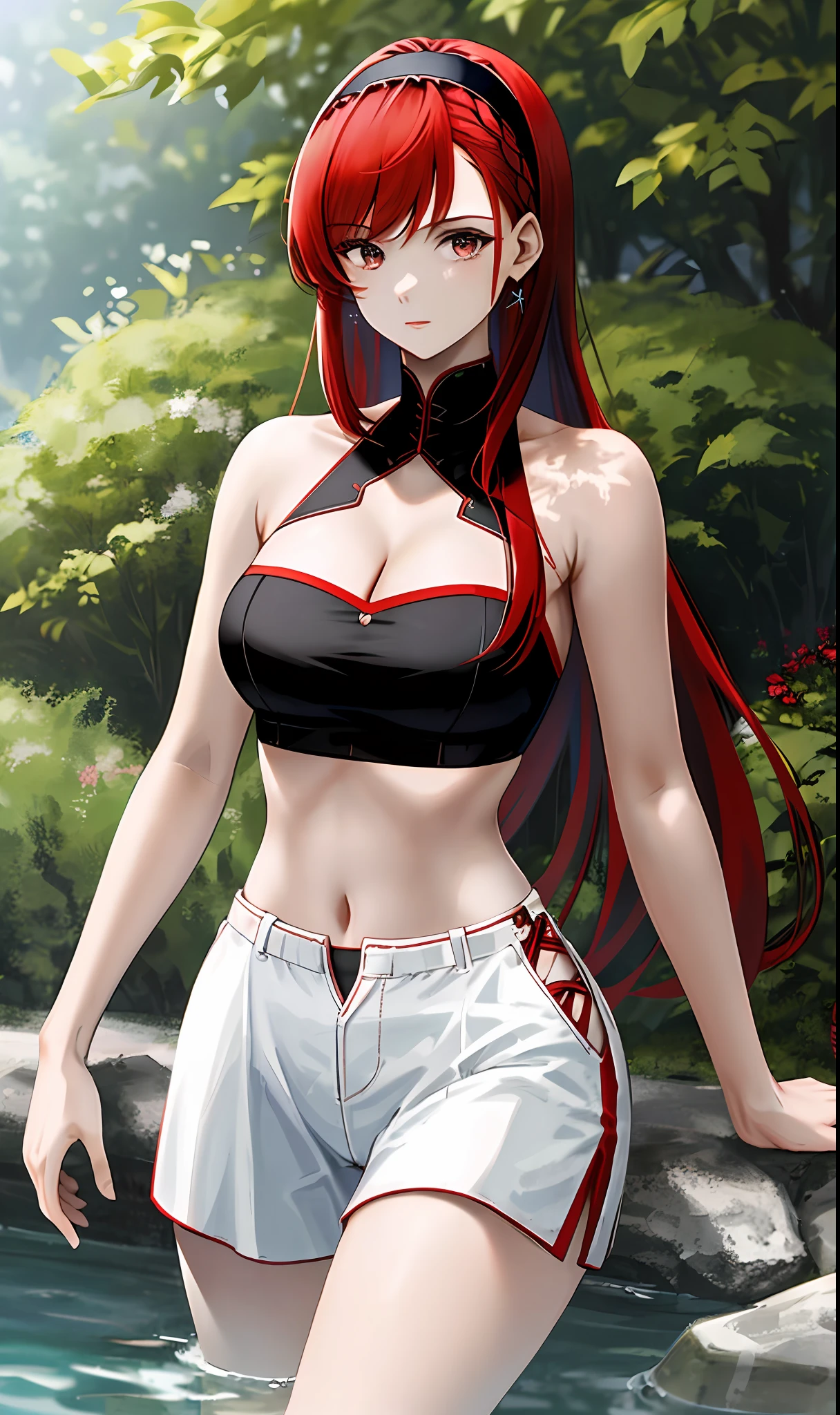 ((masterpiece, best quality)), (1girl),((mature female)), red hair, hairband, bangs, long hair, two piece strapless suit two piece, __location_, black hairband, shoulder cutout, black thitying hair,curvy,cleavage,confident,nature,