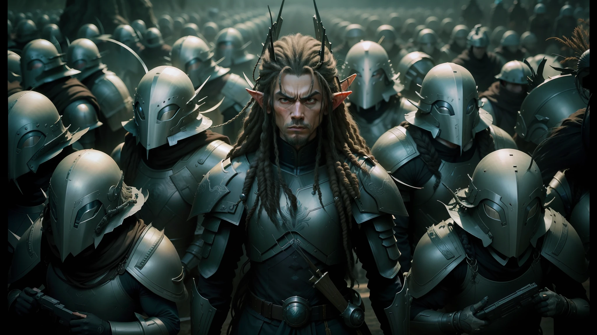 a close up of a person surrounded by many different types of armor, dreads, pierre pellegrini and ash thorp, zhang yimou, an angry muscular army general, energetic beings patrolling, post - apokalyptic, cultists watching, several soldiers, elven male --auto --s2