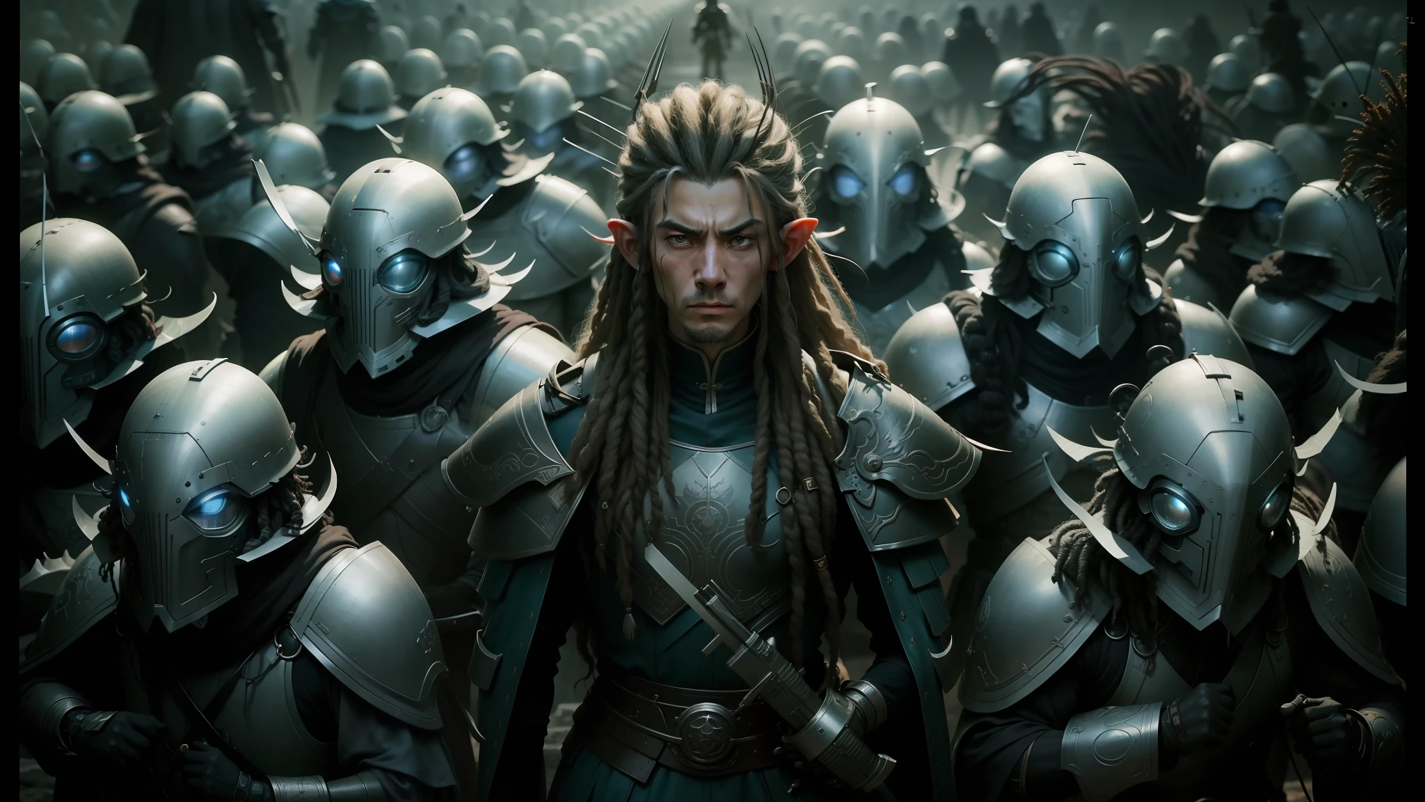 a close up of a person surrounded by many different types of armor, dreads, pierre pellegrini and ash thorp, zhang yimou, an angry muscular army general, energetic beings patrolling, post - apokalyptic, cultists watching, several soldiers, elven male --auto --s2