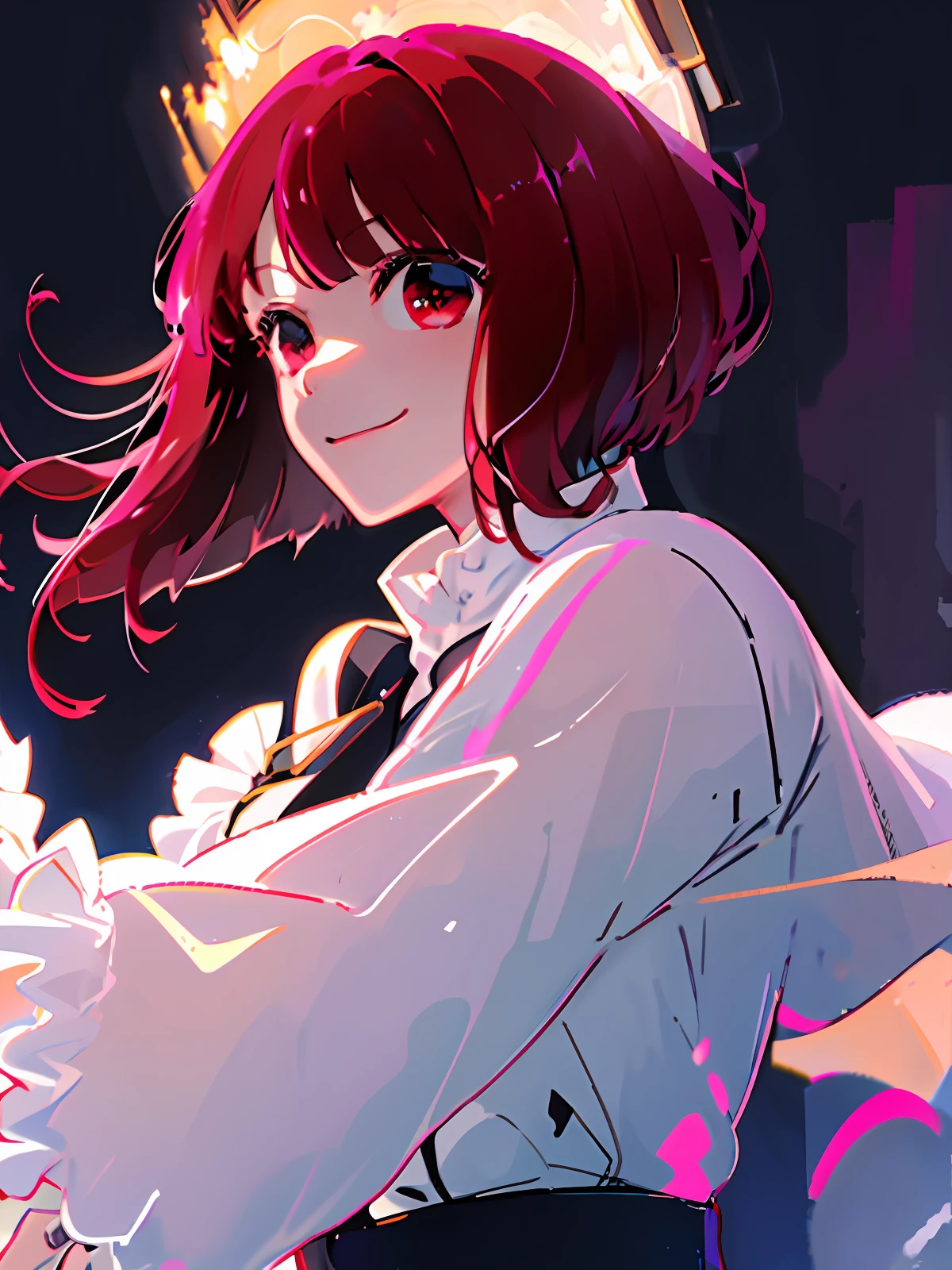 solo, 1girl, masterpiece, best quality, extremely detailed, Cinematic lighting, intricate detail, highres, official art, finely detailed beautiful face and eyes, high resolution illustration, 8k, depth of field, bokeh, dark intense shadows, overexposure,((space)), universe, star pupil eyes, short red hair, beautiful red eyes, gradient hair, white dress, simple dress, fluttering dress, long sleeves, detailed clouds, gradient sky, red eyes, purple sky, black sky, stars, ((milky way)), smile, looking at viewer, upper body, hands down,