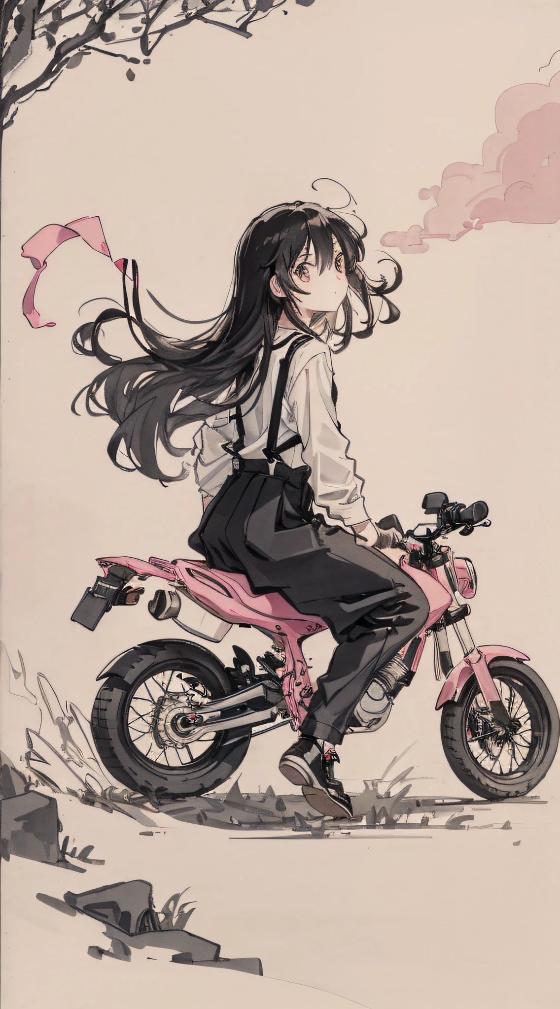 Girl riding pink motorcycle, ball head, flowing hair, back to me, holding a mobile phone in her hand, cute, funny, suspenders, spoofs, streamers, black hair, black cloth shoes, ink, landscape, HD