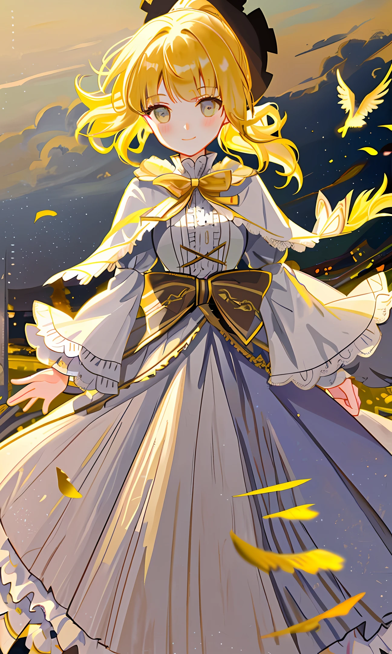Top quality, Masterpiece, Very detailed, Detailed background, One girl, Solo, Yellow hair, Short hair, Wavy hair, Fluffy hair, Ponytail, French blush, Smile, Capelet, Lace trim, Bodice, Dusk, Landscape, High place, horizon, Wind, Wind blowing, Flower bed, Look at viewer, Depth of field, Bokeh,underboob
