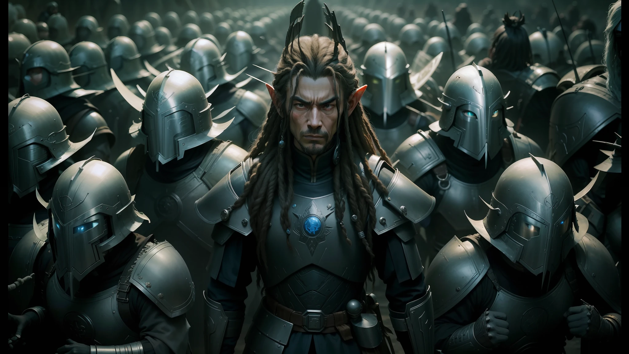a close up of a person surrounded by many different types of armor, dreads, pierre pellegrini and ash thorp, zhang yimou, an angry muscular army general, energetic beings patrolling, post - apokalyptic, cultists watching, several soldiers, elven male --auto --s2