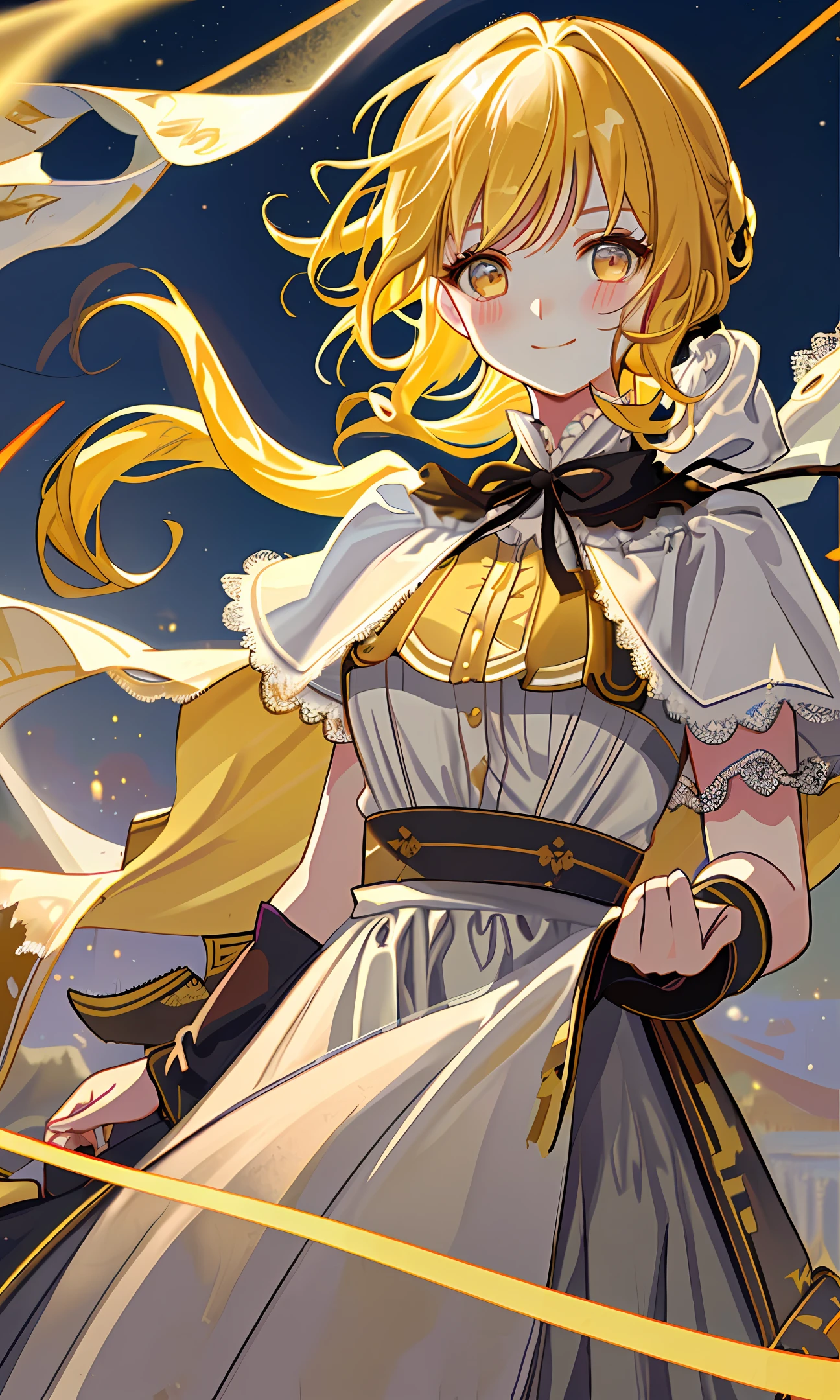 Top quality, Masterpiece, Very detailed, Detailed background, One girl, Solo, Yellow hair, Short hair, Wavy hair, Fluffy hair, Ponytail, French blush, Smile, Capelet, Lace trim, Bodice, Dusk, Landscape, High place, horizon, Wind, Wind blowing, Flower bed, Look at viewer, Depth of field, Bokeh,underboob