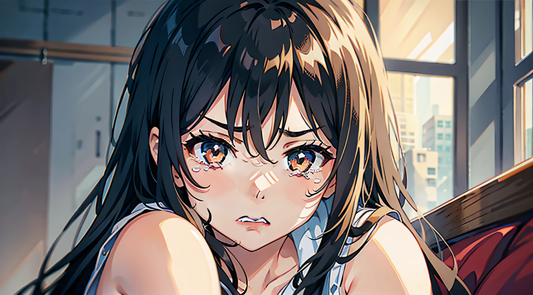 A girl with long hair, tears streaming down her face, sitting on the bed, very angry, with black hair