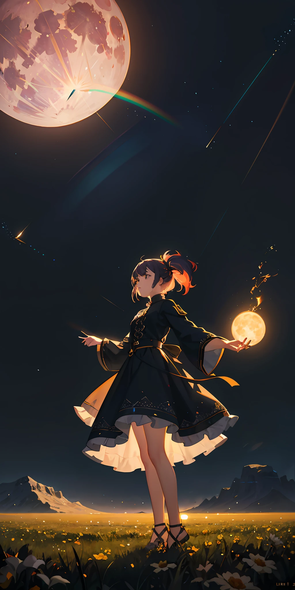 A wide landscape photo, (viewed from below, the sky is above, and the open field is below), a girl standing on a flower field looking up, (full moon: 1.2), (meteor: 0.9), (nebula: 1.3), distant mountains , Trees BREAK Crafting Art, (Warm Light: 1.2), (Firefly: 1.2), Lights, Lots of Purple and Orange, Intricate Details, Volumetric Lighting BREAK (Masterpiece: 1.2), (Best Quality), 4k, Ultra Detailed, (Dynamic Composition: 1.4), Rich in Detail and Color, (Rainbow Color: 1.2), (Glow, Atmospheric Lighting), Dreamy, Magical, (Solo: 1.2)