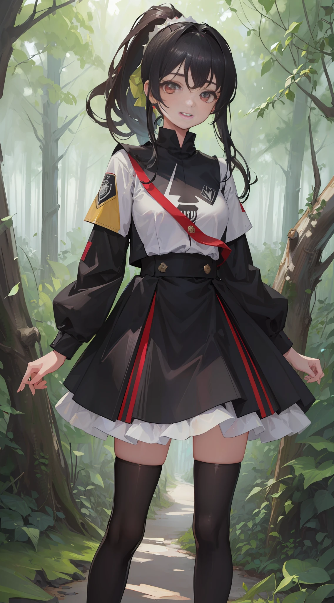 (Masterpiece, Top Quality, Ultra Detail CG, High Definition Full Body Uniform Image),(Front Pose + Ponytail),(1 Girl),(Black Hair),(Dark Forest),(Refreshing Smile),(Toothless),(Midnight),(Forest Circle)