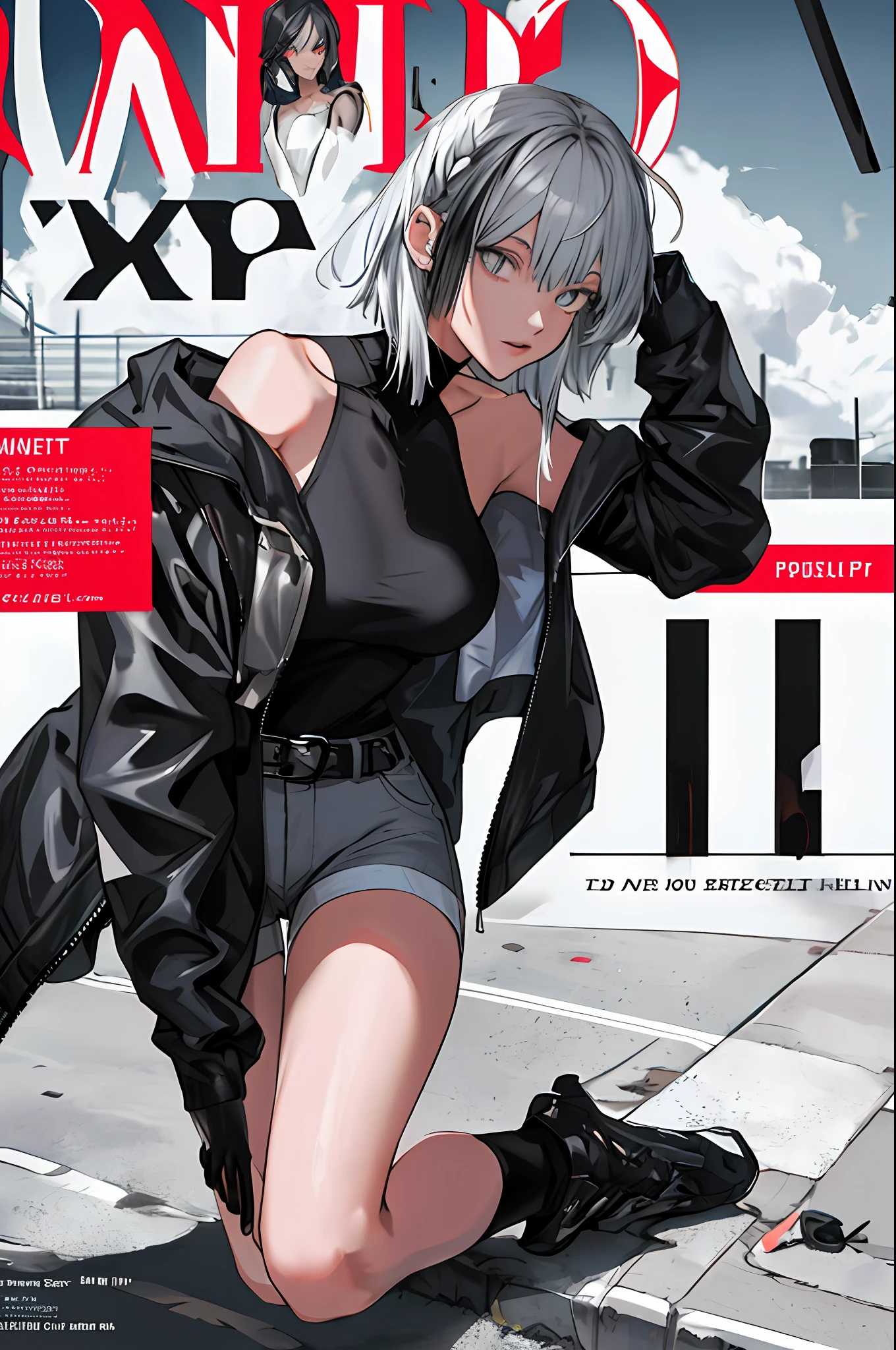 (magazine cover:1.3), (original: 1.2), masterpiece, best quality, beautiful clean face, (full body:1.1), lucy \(cyberpunk\), 1girl, against railing, arm rest, bangs, bare shoulders, belt, black belt, black leotard, black pants, blurry, bob cut, breasts, building, cityscape, clothing cutout, cropped jacket, cyberpunk, depth of field, from side, gradient eyes, grey eyes, grey hair, jacket, leotard, lips, long sleeves, mechanical parts, medium breasts, multicolored eyes, multicolored hair, night, night sky, off shoulder, open clothes, open jacket, outdoors, pants, parted lips, railing, red eyeliner, science fiction, short hair with long locks, short shorts, shorts, sidelocks, sky, solo, standing, thigh cutout, white jacket, white shorts,