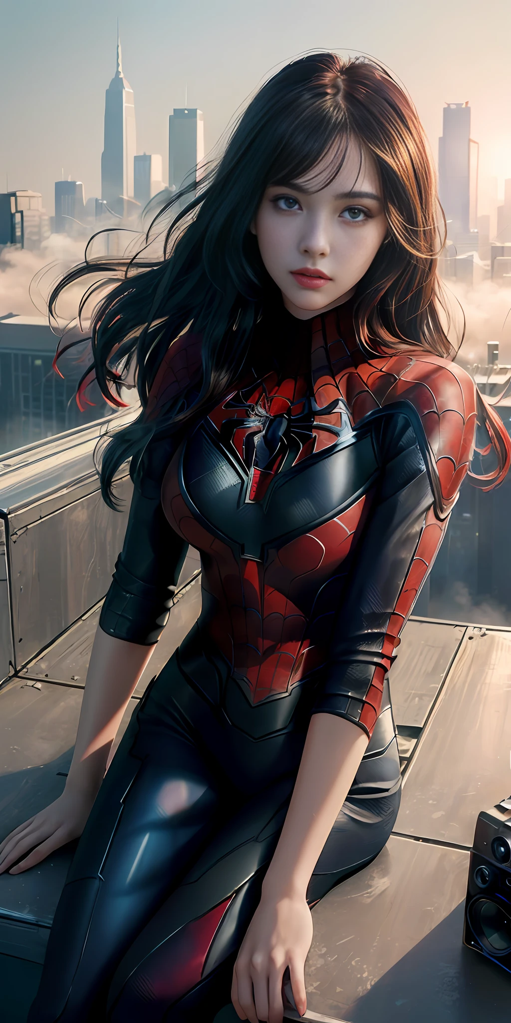 (1girl:1.3), Solo, (((Very detailed face)))), ((Very detailed eyes and face)))), Beautiful detail eyes, Body parts__, Official art, Unified 8k wallpaper, Super detailed, beautiful and beautiful, beautiful, masterpiece, best quality, original, masterpiece, super fine photo, best quality, super high resolution, realistic realism, sunlight, full body portrait, amazing beauty, dynamic pose, delicate face, vibrant eyes, (from the front), She wears Spider-Man suit, red and black color scheme, spider, very detailed city roof background, rooftop, overlooking the city, detailed face, detailed complex busy background, messy, gorgeous, milky white, highly detailed skin, realistic skin details, visible pores, clear focus, volumetric fog, 8k uhd, DSLR, high quality, film grain, fair skin, photo realism, lomography, futuristic dystopian megalopolis, translucent, half red half black hair, long hair