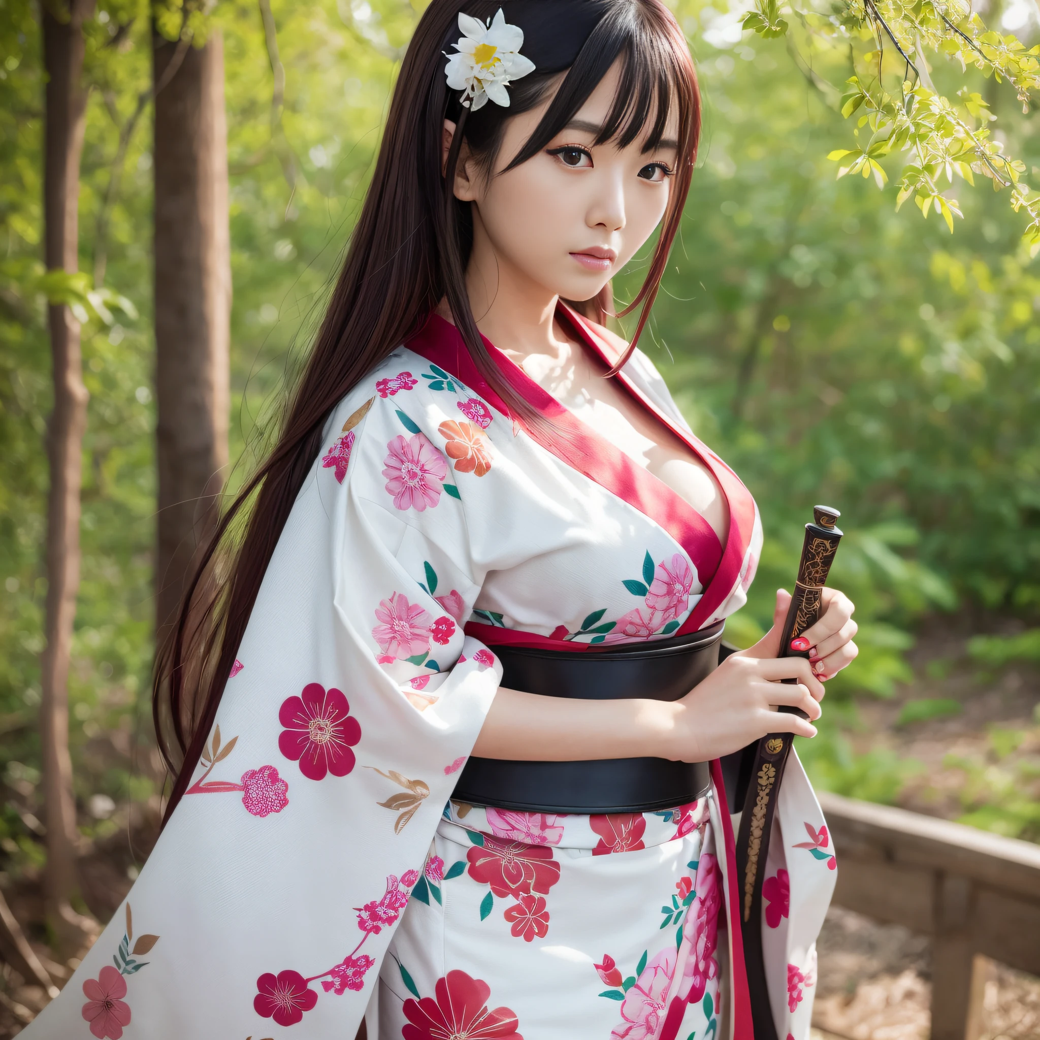 Asian woman in arafe in kimono dress with sword, Japan model, goddess of Japan, white kimono, elegant Japan woman, Japan kimono, kimono, gorgeous and sexy geisha, wearing kimono, japanese style, elegant yukata, traditional Japan, complex geisha kimono, traditional geisha clothing, Japan clothes, Japan woman, yukata, priestess, cleavage, big, red long hair