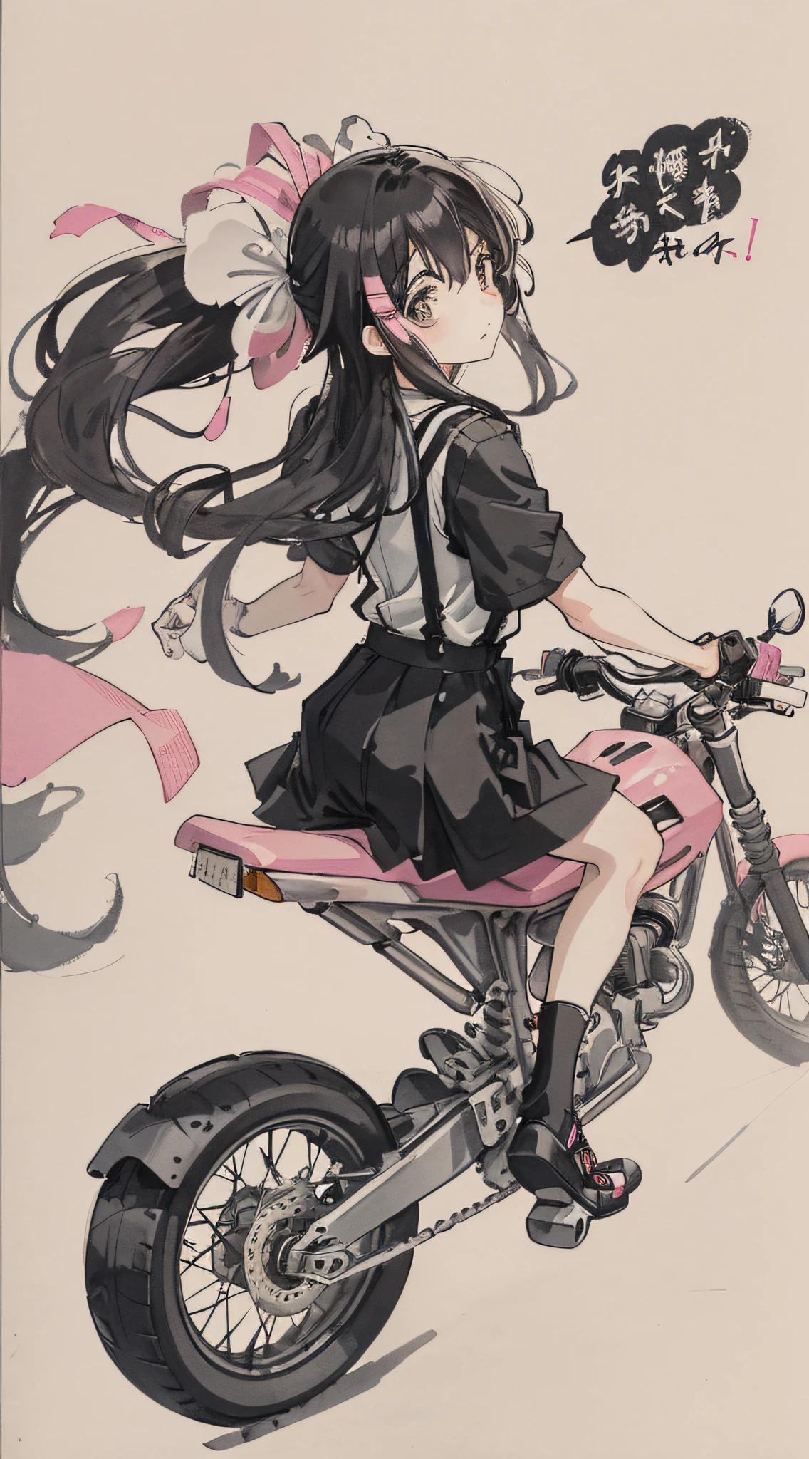 Girl riding pink motorcycle, ball head, flowing hair, back to me, holding a mobile phone in her hand, cute, funny, suspenders, spoofs, streamers, black hair, black cloth shoes, ink, landscape, HD