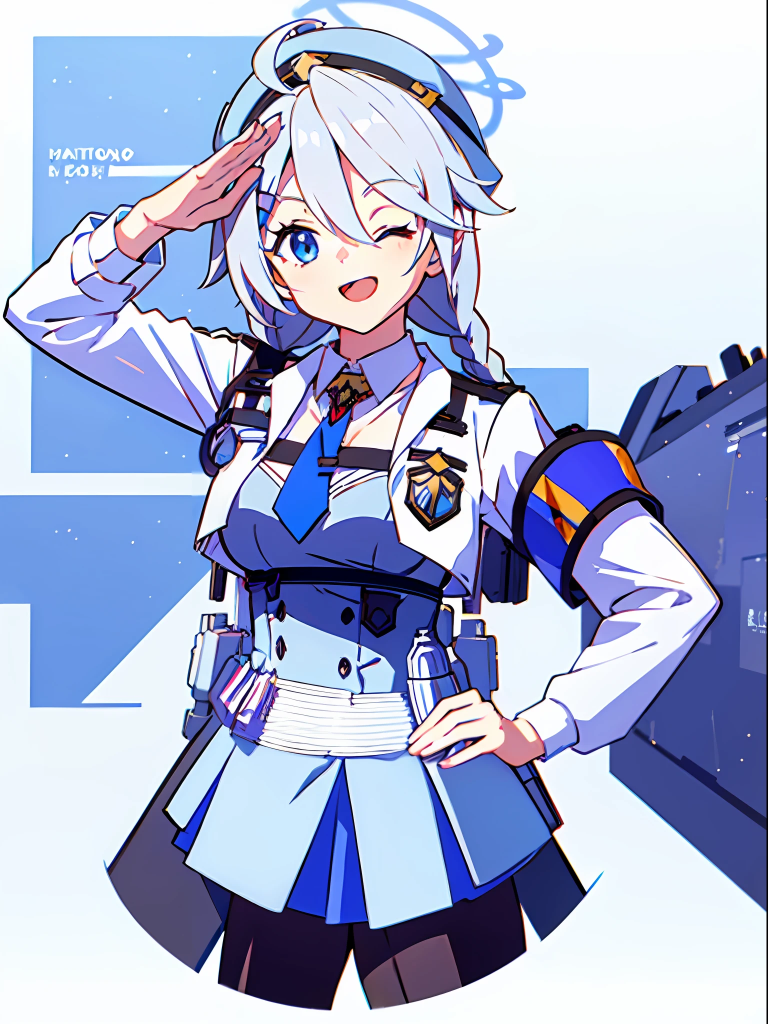 masterpiece, best quality, high res, perspective, 1girl, (sharp focus), looking ahead, blue eyes, medium breasts, ahoge, hair ornament, twin braids, necktie, halo, bangs, hair between eyes, blue eyes, shirt, skirt, smile, white police uniform, open mouth, hat, blue shirt, (white jacket:1.1), belt pouch, silver hair, black stockings, salute, hand on own hip, white background, one eye closed