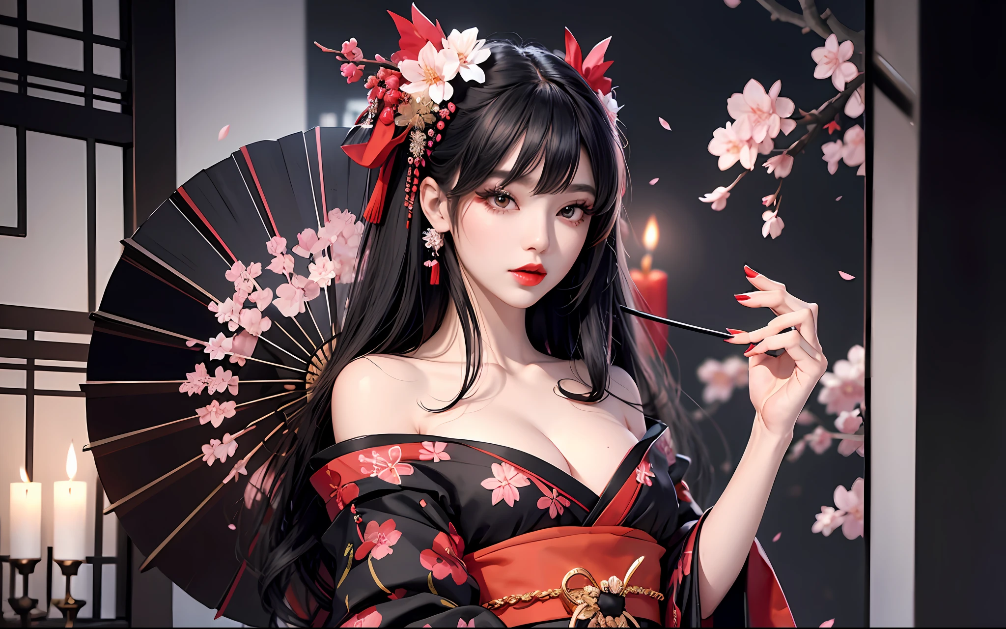 Best Beauty, Alone, Long Lashes, Black Eyeliner, Bright Red Lips, Nose Straight, Uphair, Hair Ornament, Off Shoulder Furisode Kimono, Night, Night Cherry Blossoms, Wind, Candle, Fan, Japanese-Style Room, Real Photo Stick, Upper Skirt, Very Hyper Dark Background --auto --s2