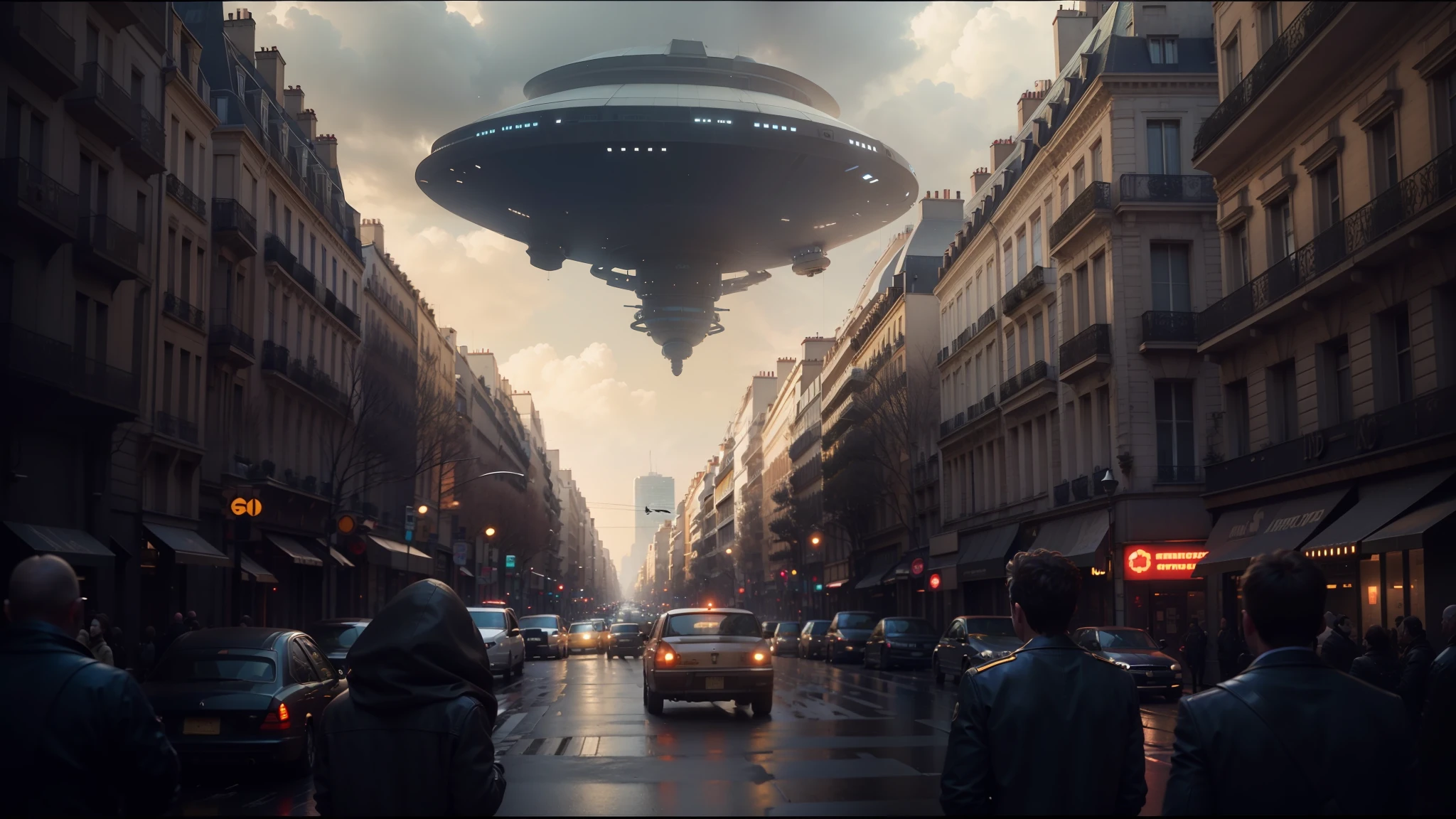 there is a large alien flying over a city street, cinematic paris, featured on dribbble, roger deakin’s cinematography, still image from the movie, compositing, digital rain, cinematography composition, anamorphic cinematography --auto --s2