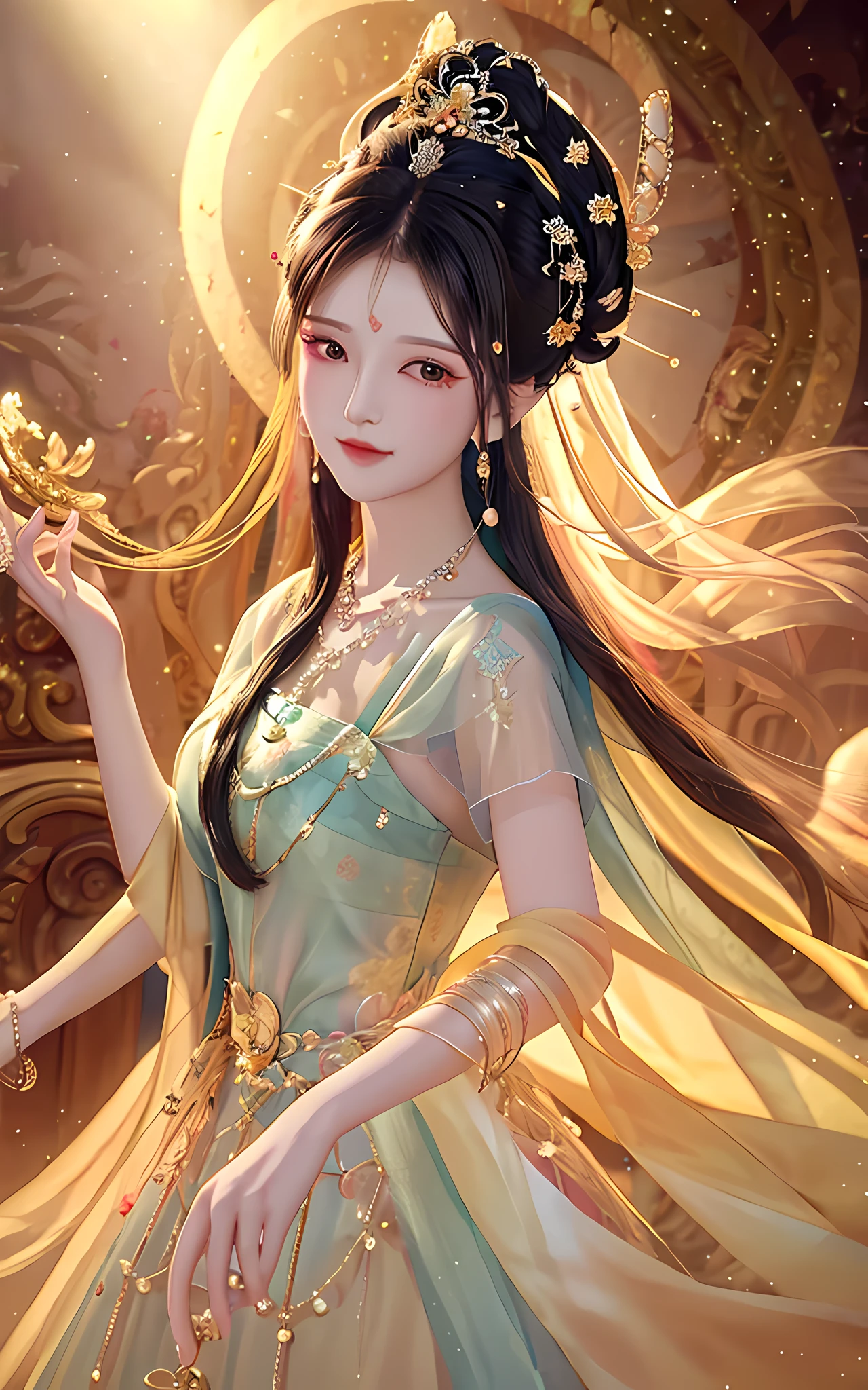 Best quality, masterpiece, high resolution, 1girl, clear silk porcelain dress, beautiful face, hair accessories, looking at the audience, smiling, close your mouth, lips, dress, hair accessories, necklaces, jewelry, long hair, earrings, beautiful face, on the body, Tindal effect, realism, dark studio, edge lighting, two-tone lighting, (high detail skin: 1.2), 8k UHD, DSLR, soft light, high quality, volumetric lighting, photo, high resolution 4K, 8k, blurred background