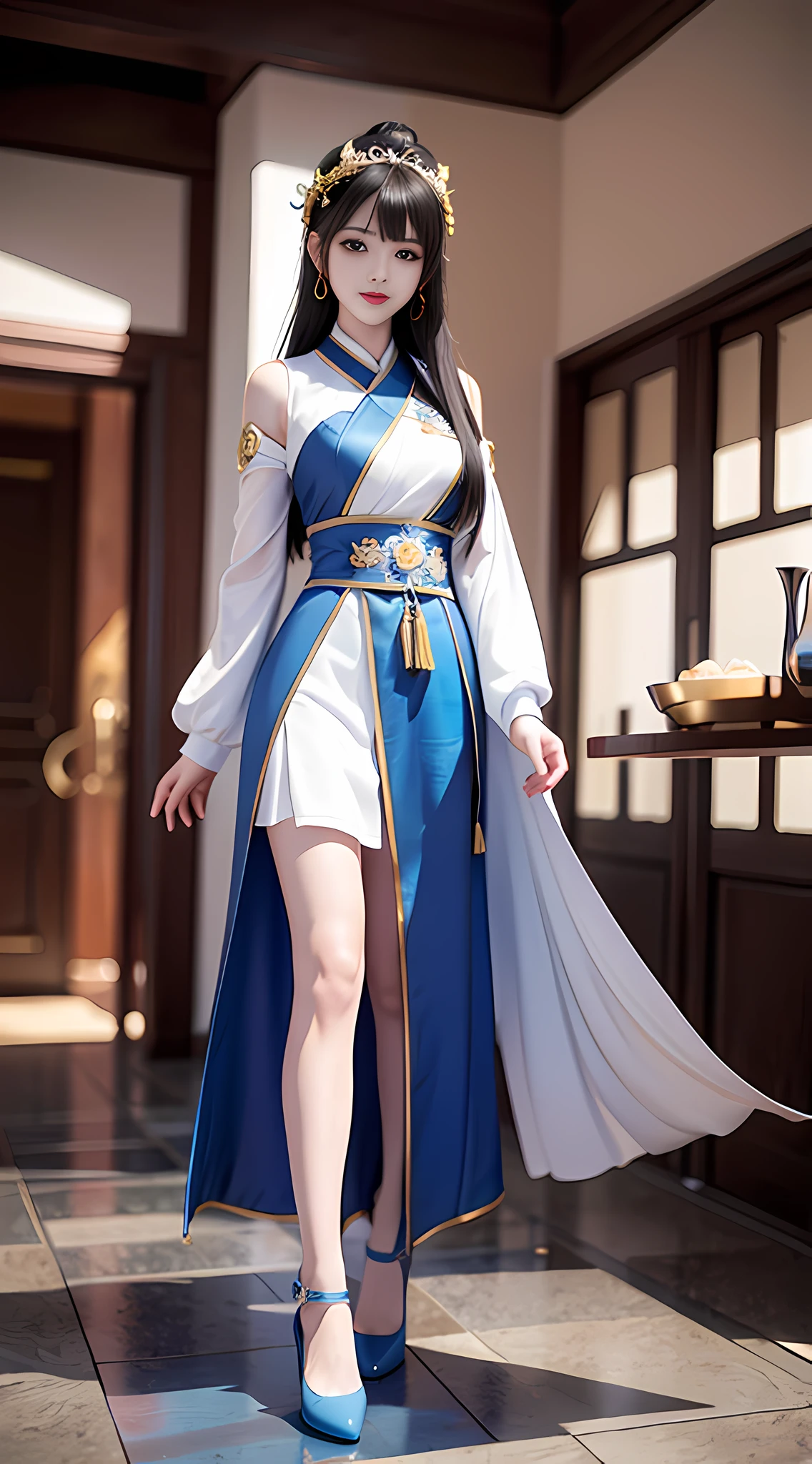 Huo Wu, 1 girl, solo, black hair, long hair, white thighs, chair, high heels, cosplay, ((upper body)), young beauty, tall beauty, fair face, perfect facial features, tall beauty, fair skin, good figure, 8K, CG, holding a fan, blue theme, gameCG background, 3D rendering, realistic, cinematic lighting, smooth fog, detailed face, light smile, fantastic seaside
