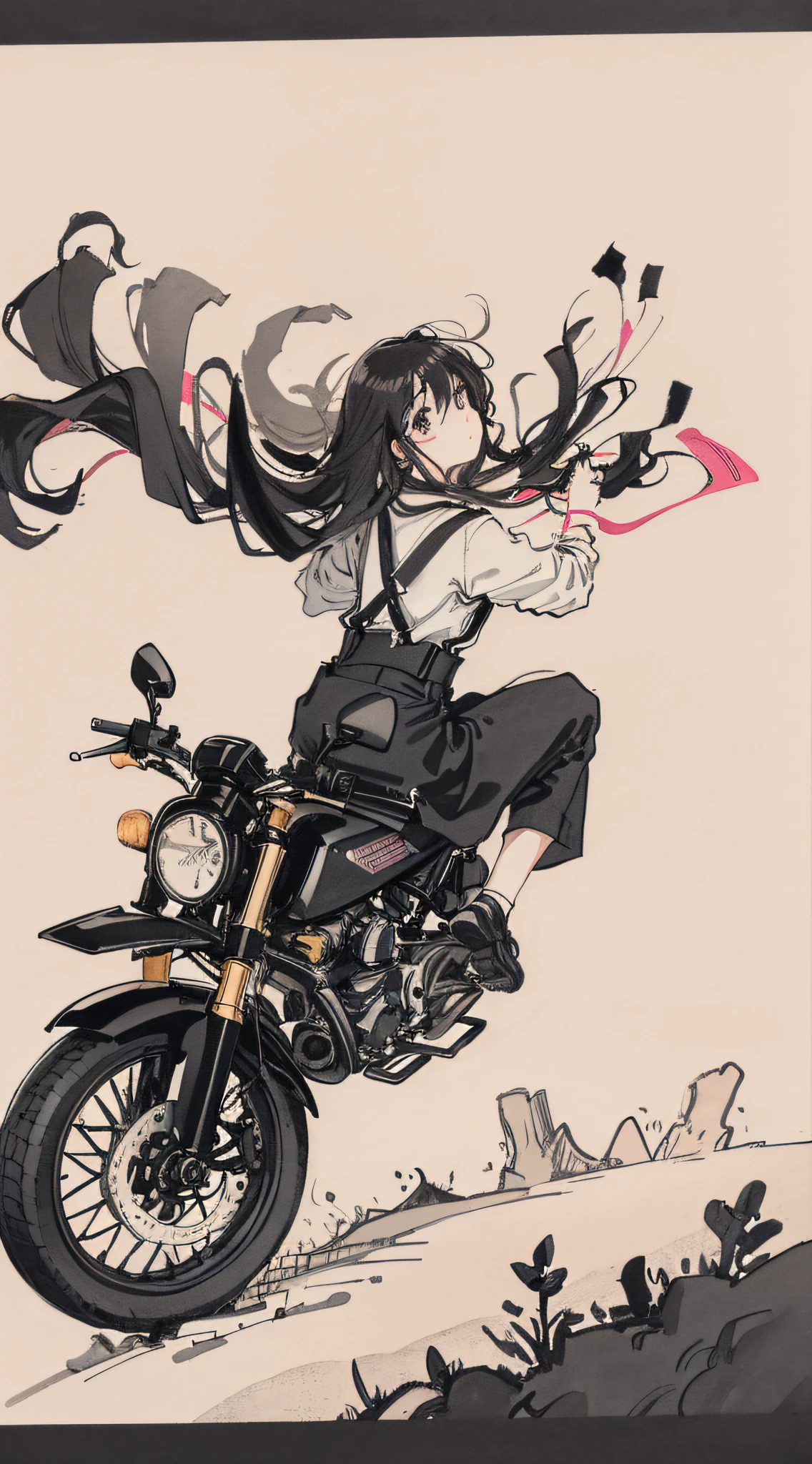 Girl riding pink motorcycle, ball head, flowing hair, back to me, holding mobile phone in hand, cute, funny, suspenders, road background, vehicle, spoof, streamer, black hair, black cloth shoes, ink, landscape, HD