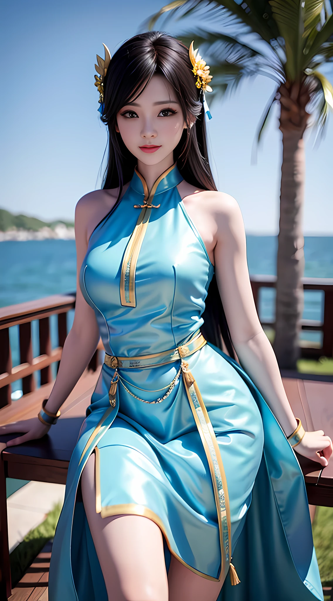 Huo Wu, 1 girl, solo, black hair, long hair, white thighs, chair, high heels, cosplay, ((upper body)), young beauty, tall beauty, fair face, perfect facial features, tall beauty, fair skin, good figure, 8K, CG, holding a fan, blue theme, gameCG background, 3D rendering, realistic, cinematic lighting, smooth fog, detailed face, light smile, fantastic seaside